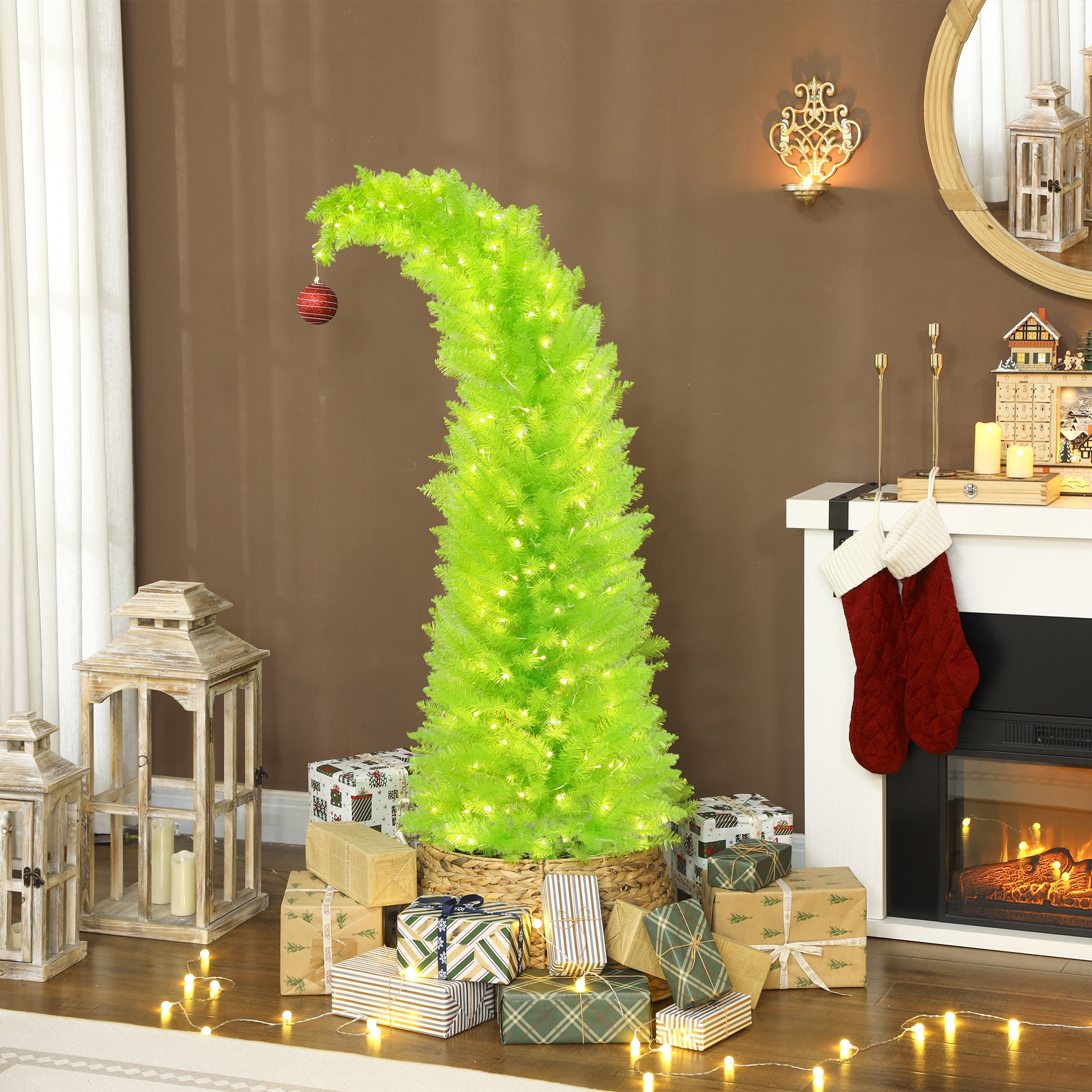 5 ft Whimsical Christmas Tree, Pencil Xmas Tree with Red Ball, Metal Base, Prelit with 200 LED Lights