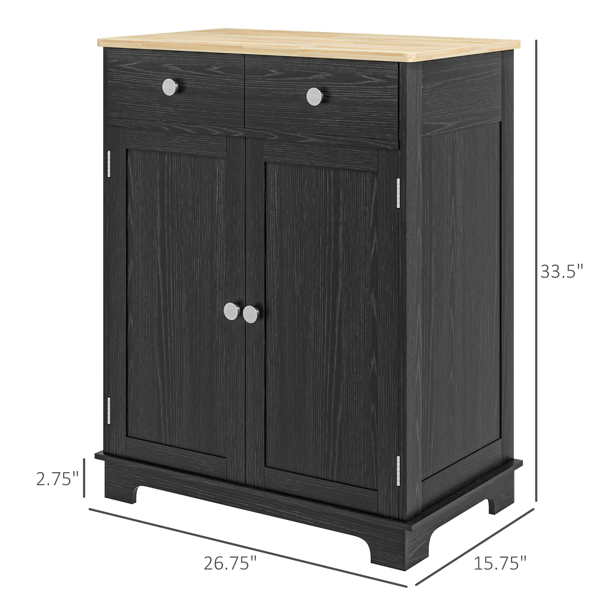 Kitchen Storage Cabinet, Sideboard Floor Cupboard with Solid Wood Top, Adjustable Shelf, and 2 Drawers, Distressed Black