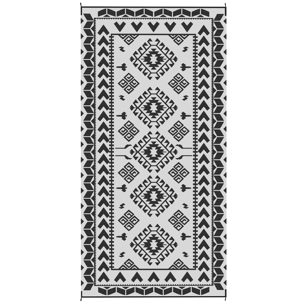 Reversible Outdoor Rug, Waterproof Plastic Straw with Carry Bag, 9' x 18', Black & White Rhombus Patchwork