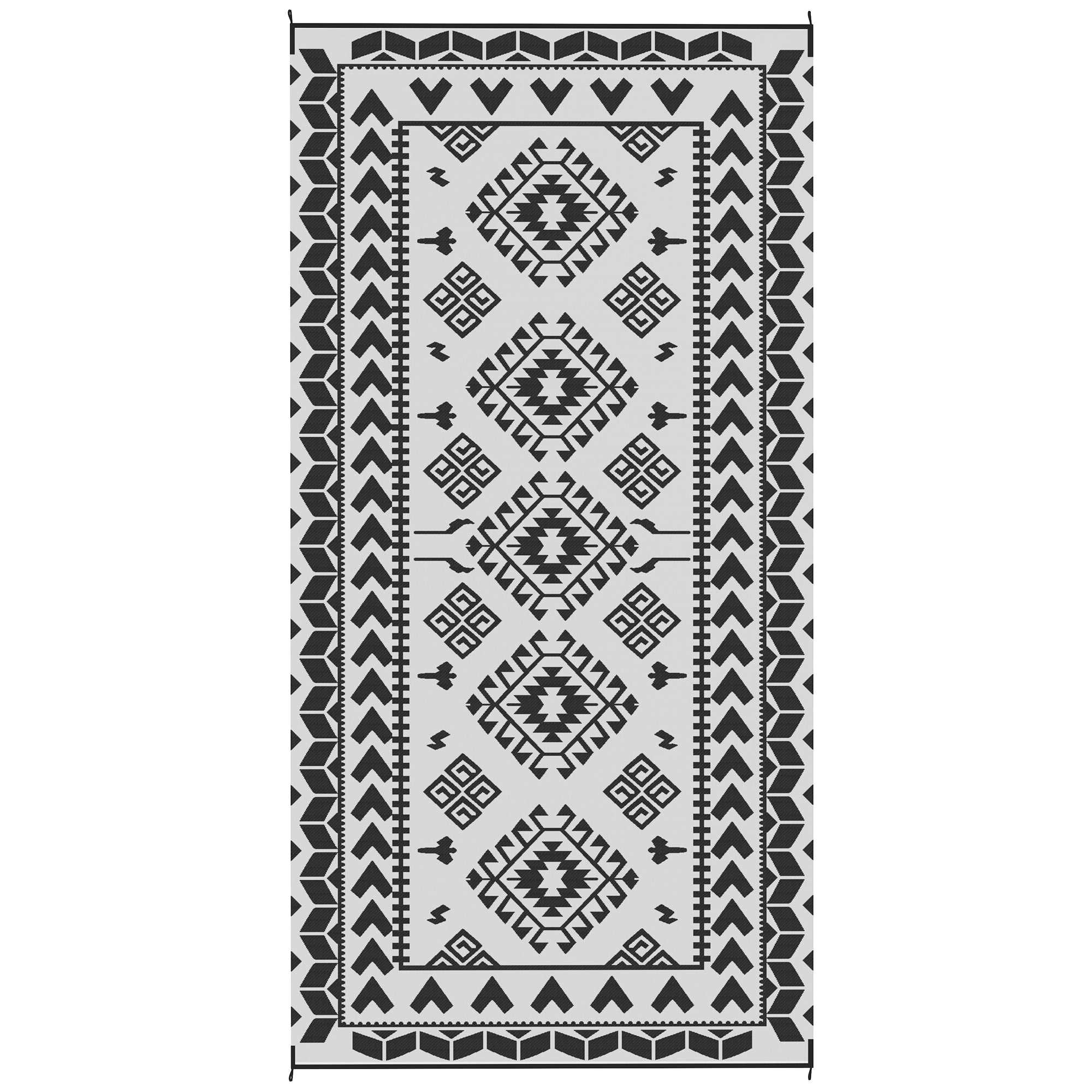 Reversible Outdoor Rug, Waterproof Plastic Straw with Carry Bag, 9' x 18', Black & White Rhombus Patchwork