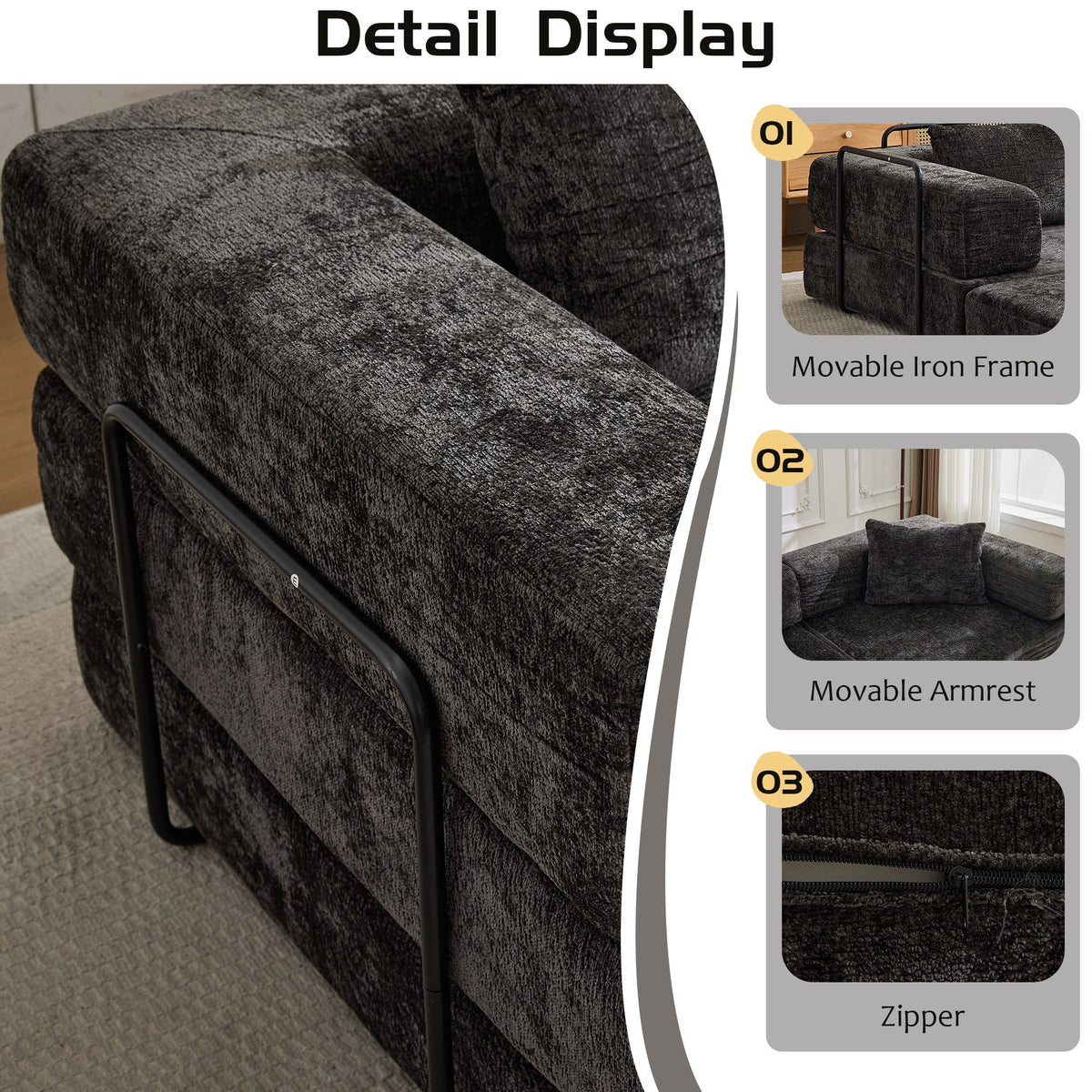 Convertible Sofa Bed Floor Sofa with Fixed-Shape Frame, Chenille Fabric Loveseat Modular Sectional for Apartments, Compressed Sofa 79" L x 39.5" W x 25" H, Black