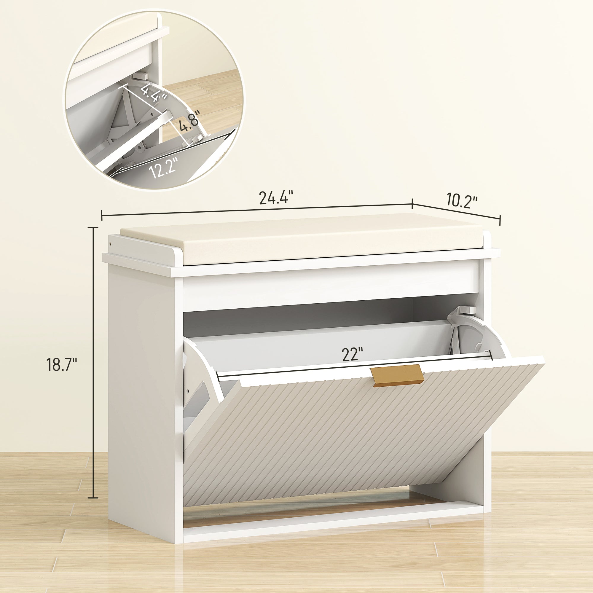 Shoe Storage Bench with Padded Seat Cushion and Flip-Drawer, Entryway Bench, Shoe Cabinet, 24.4x10.2x18.7 Inches, White