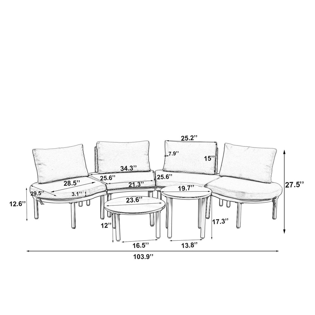 6-Piece Half Moon Patio Set with 2 Nesting Table for Backyard, Modular Wicker Sectional Sofa with Cushion, 34.5'' L x 25.5'' W x 12.5'' H, Beige