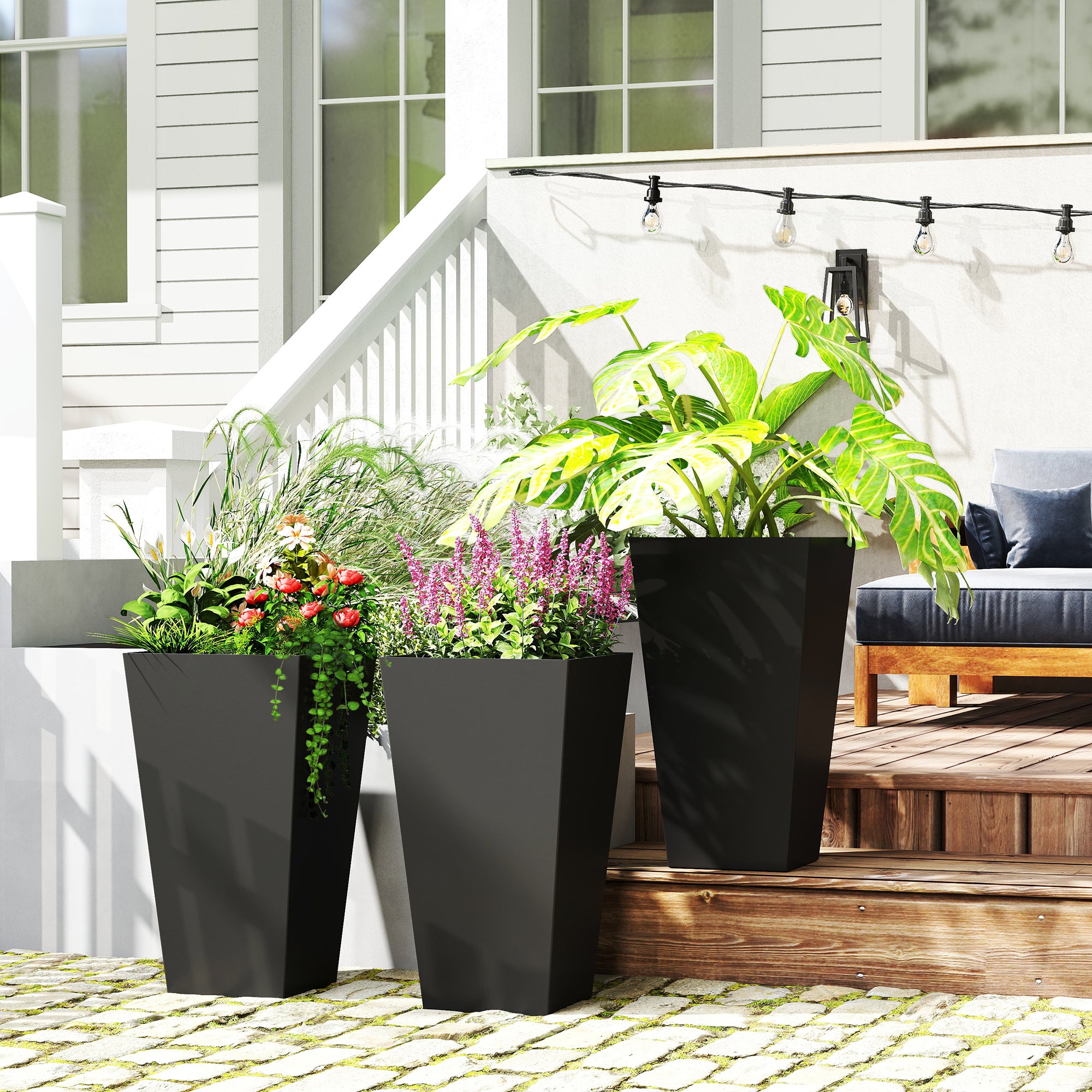 Tall Planters for Outdoor Plants Set of 3, 28 In Taper Planters with Drainage Holes, Indoor Grande Plant Pots, Front Porch Decor, Black