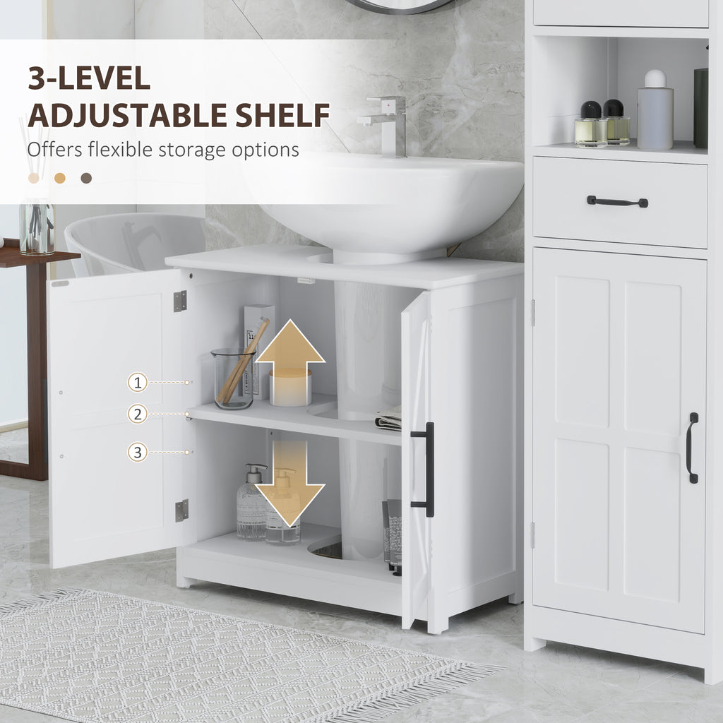 Farmhouse Pedestal Sink Storage Cabinet, Bathroom Sink Cabinet with 2 Barn Doors and Adjustable Shelf, White