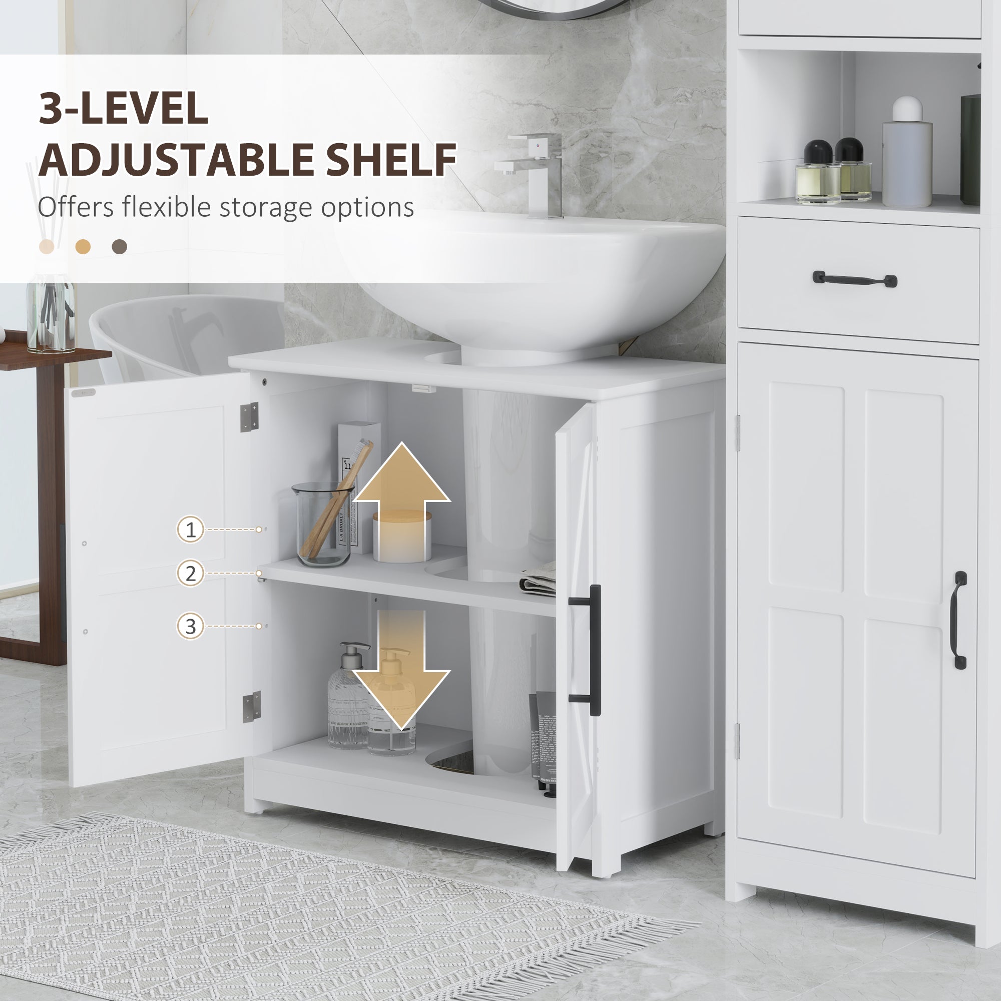 Farmhouse Pedestal Sink Storage Cabinet, Bathroom Sink Cabinet with 2 Barn Doors and Adjustable Shelf, White