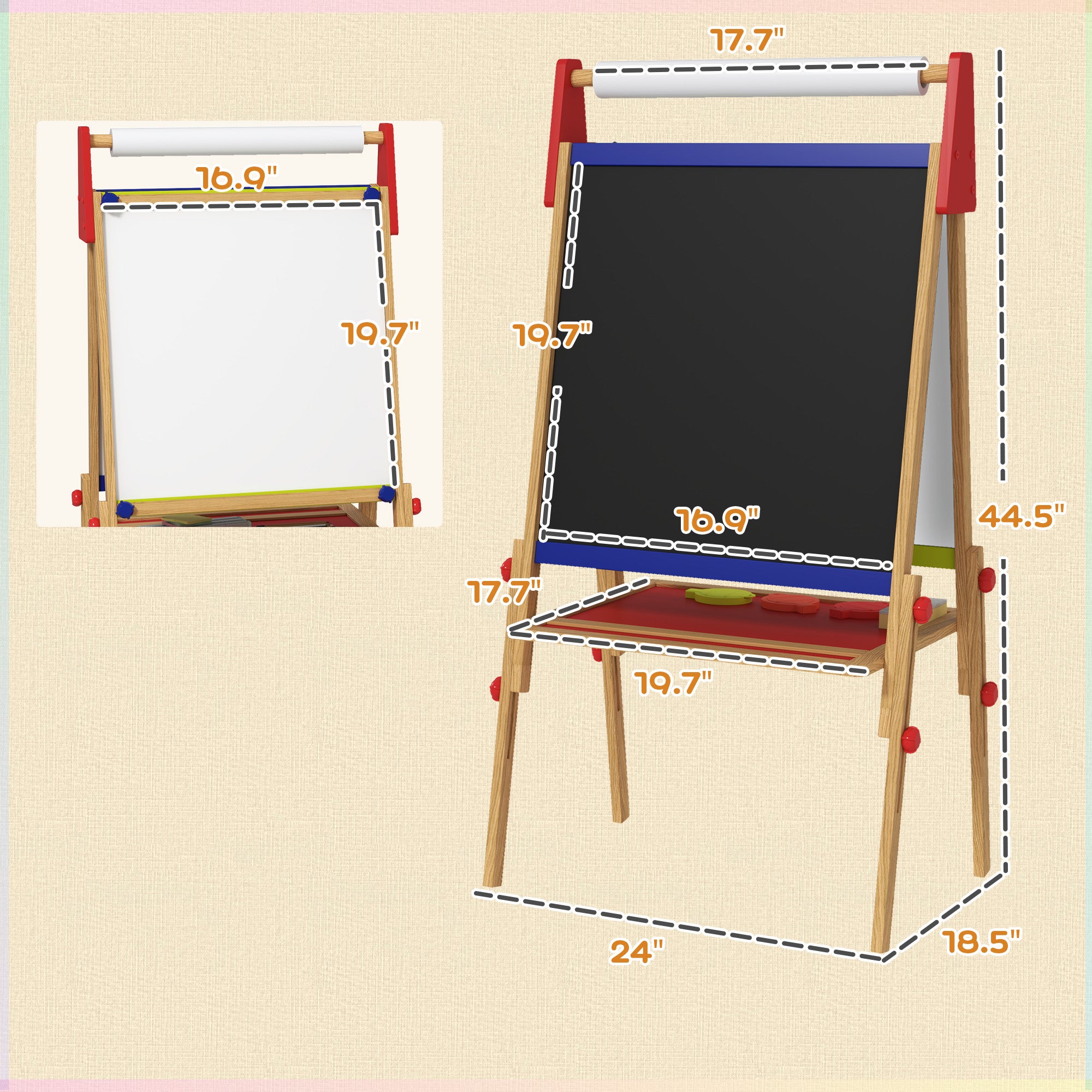 3 in 1 Easel for Kids with Paper Roll, Whiteboard, Chalkboard, Double Sided & Adjustable Height, Nature Wood