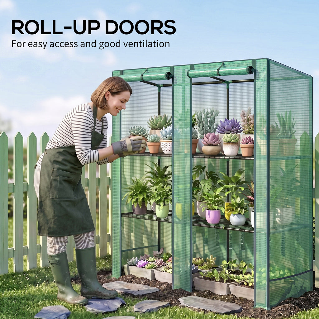 Lean-to Greenhouse with 3 Tier Shelves, Portable Greenhouse with PE Cover, 2 Roll-Up Doors, 56.7" x 18.9" x 59.8", Green