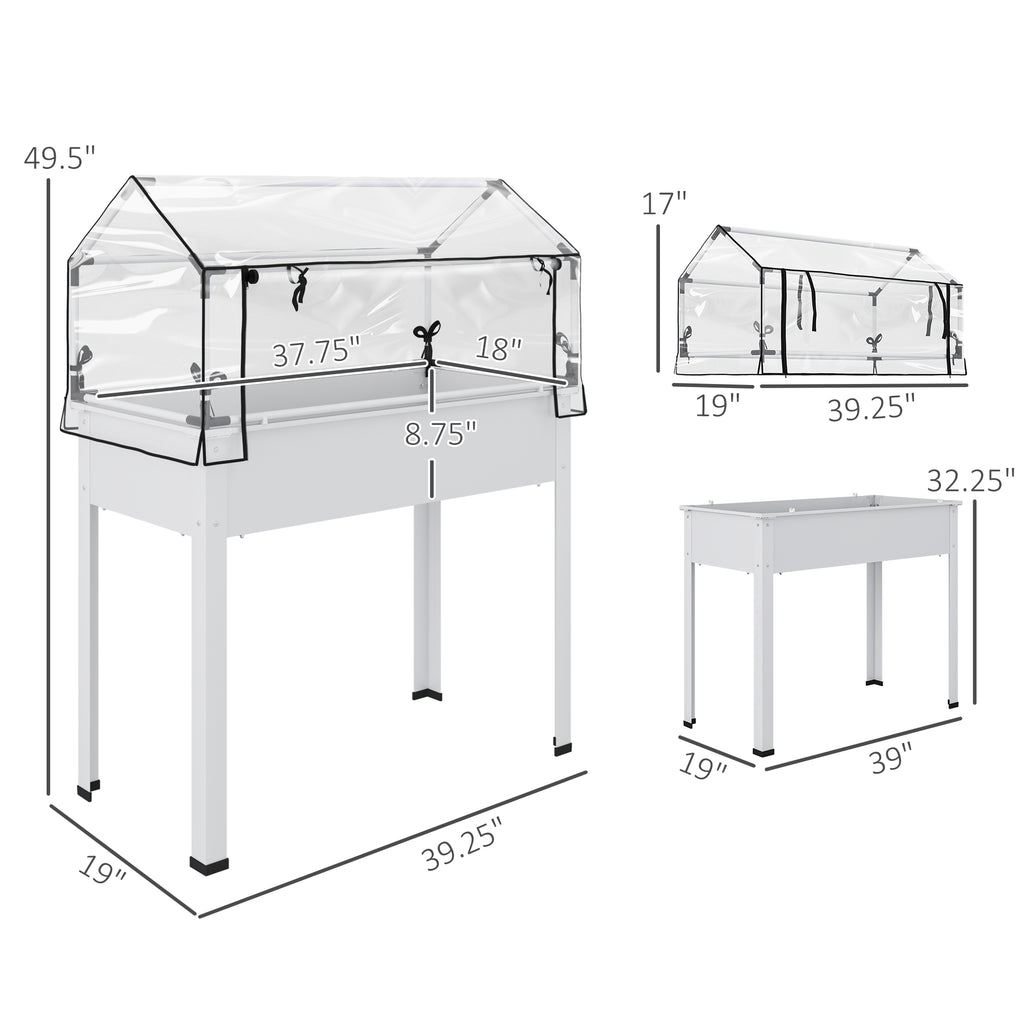 Elevated Garden Box with Greenhouse Cover, Raised Garden Bed with Legs and Drainage Hole for Vegetables, White