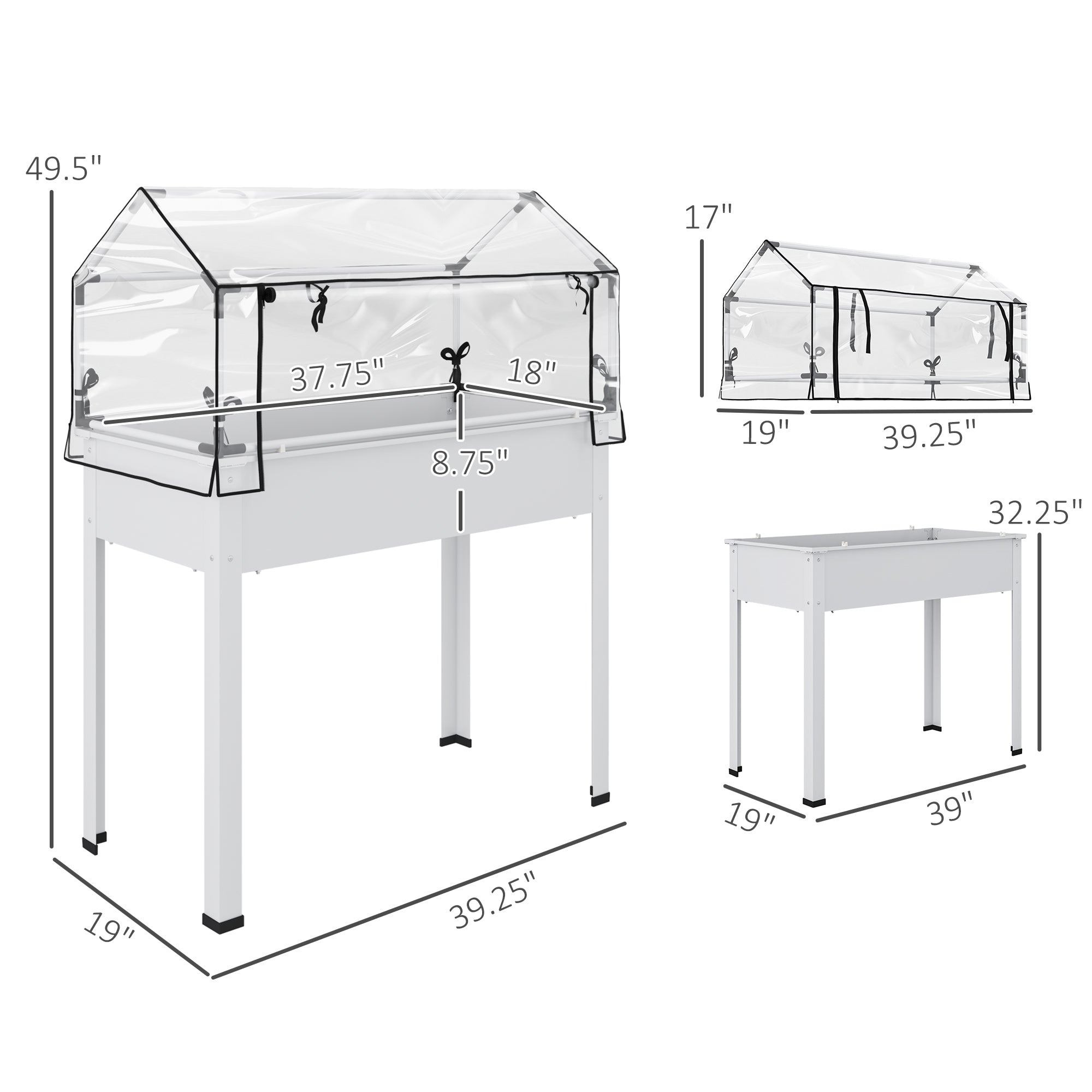 Elevated Garden Box with Greenhouse Cover, Raised Garden Bed with Legs and Drainage Hole for Vegetables, White