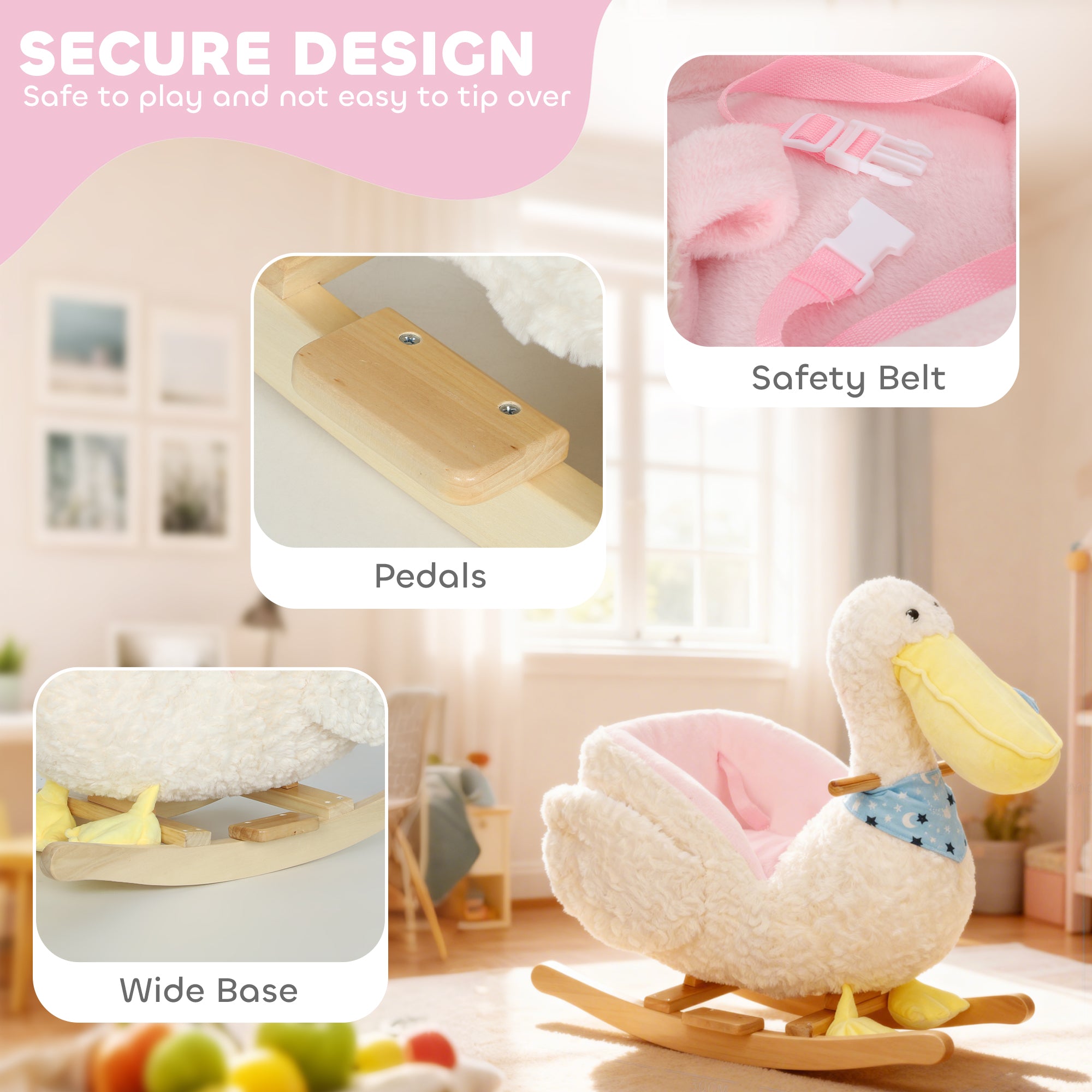 Baby Rocking Horse, Kids Ride on Pelican Rocking Horse for Toddlers 18–36 Months with Realistic Duck Sound, White