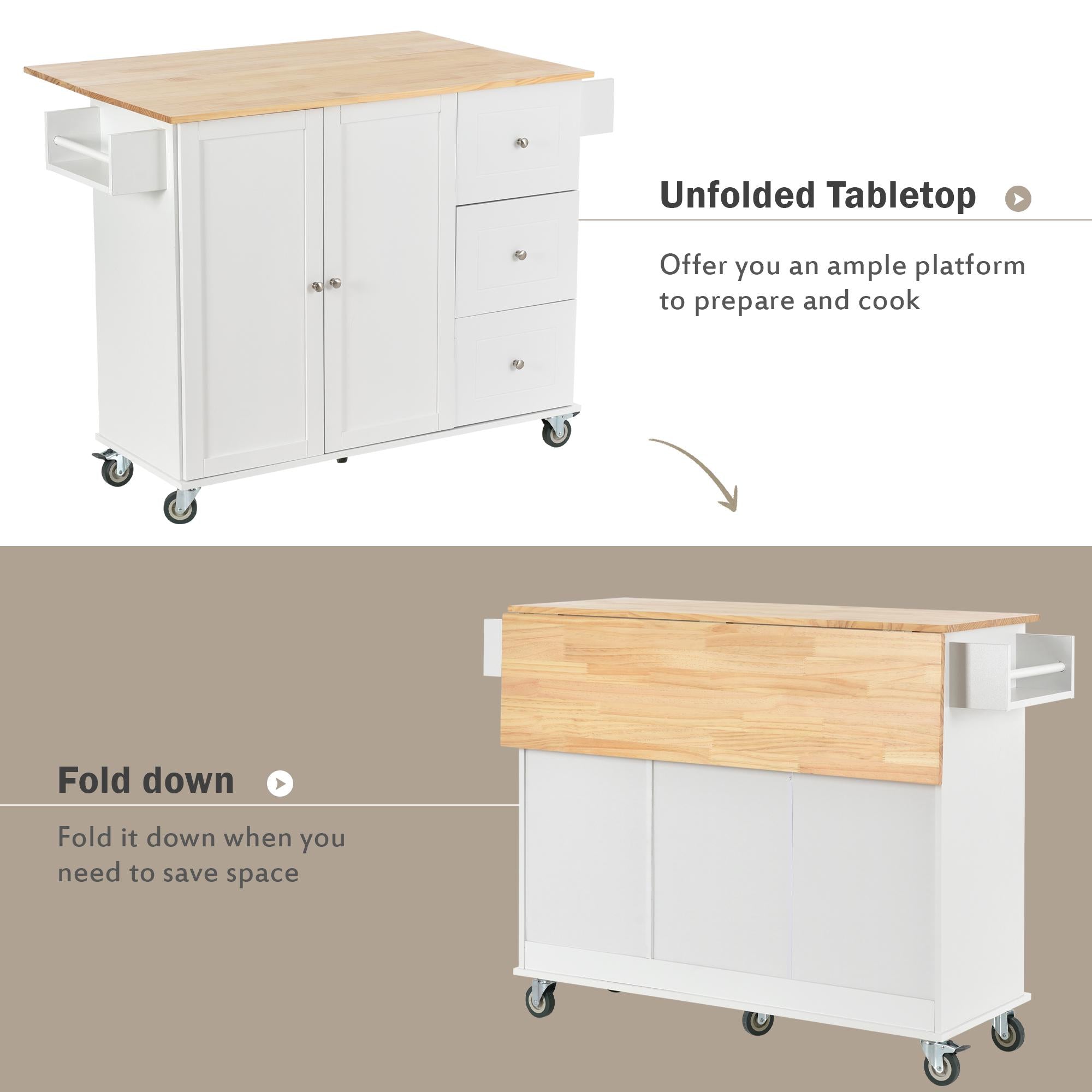 Kitchen Island with Wood Top, Locking Wheels, Racks and Drawers, Central Island with Drop Leaf Breakfast Bar, 53" L x 29.5" W x 37" H, White