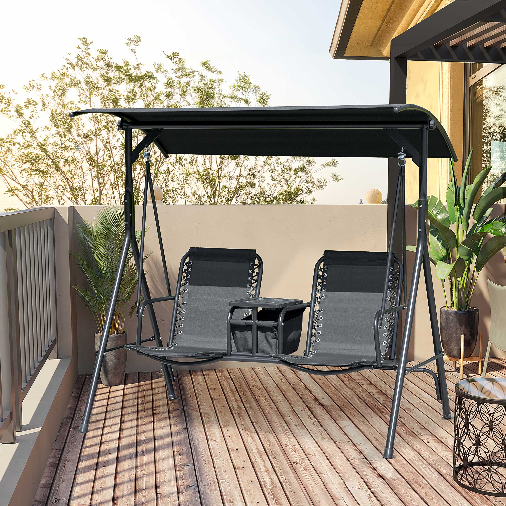 2-Seat Outdoor Porch Swing, with Pivot Storage Table, Cup Holder, & Adjustable Overhead Canopy, Stand's Skid-Resistant Feet Pad, Breathable Mesh Seat, Steel Frame, for Patio, Black