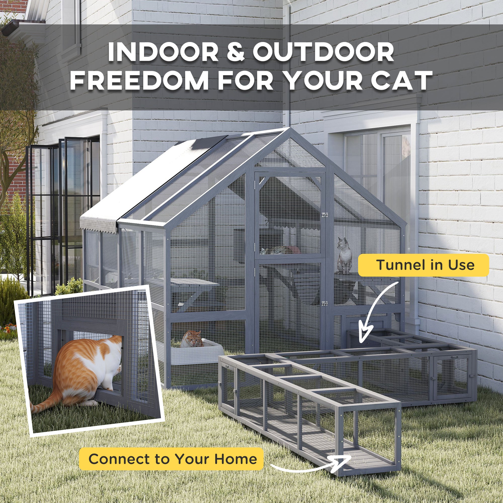 Wooden Catio Outdoor Cat Enclosure with Waterproof Cover, 2 Condos, 6 Platforms, Bridge, Doors, Gray