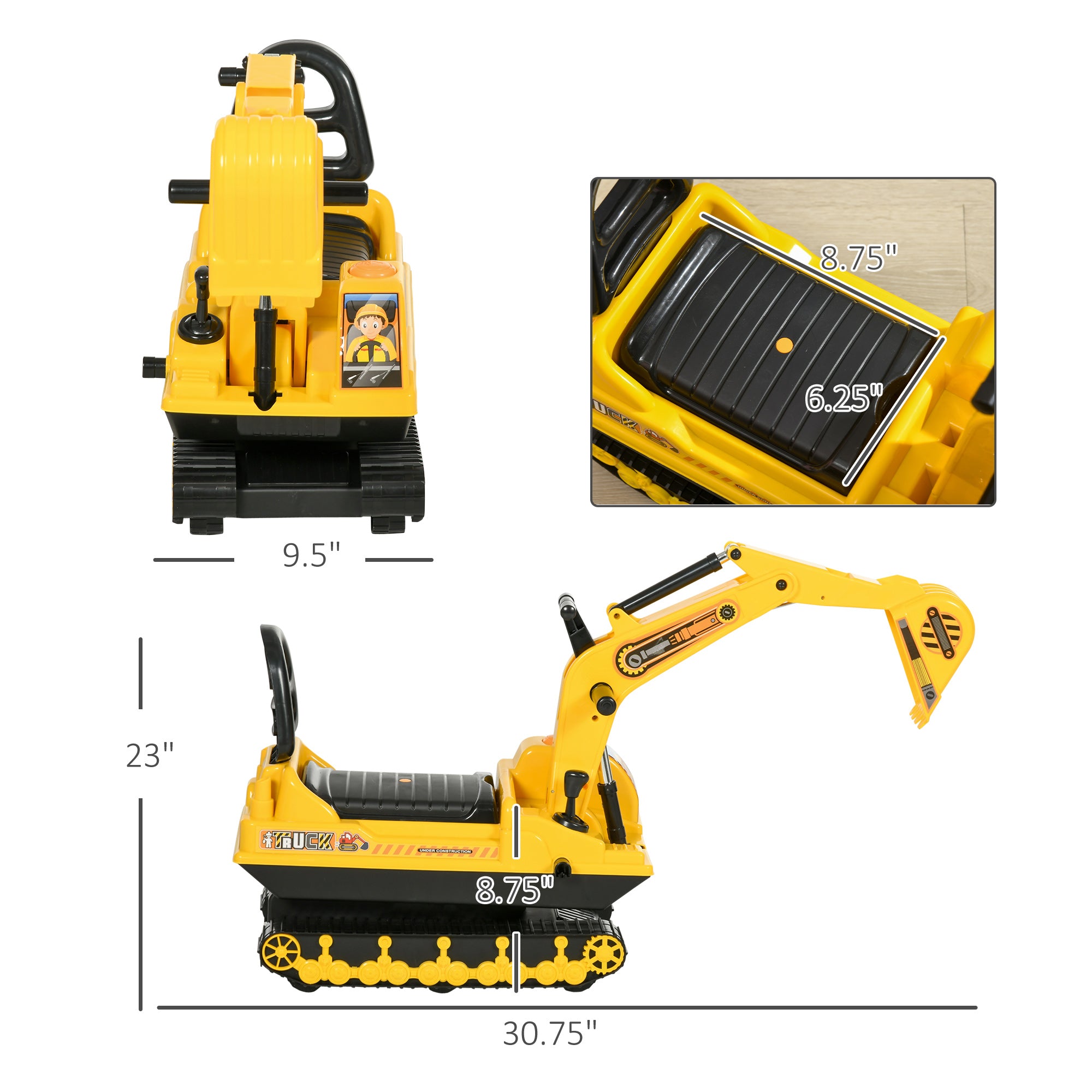 No Power Ride On Excavator Toy Tractors Digger Movable Scooter Walker Pretend Play Toddler Construction Truck Basket Storage For Boys Girls 18-48 Months Yellow Black