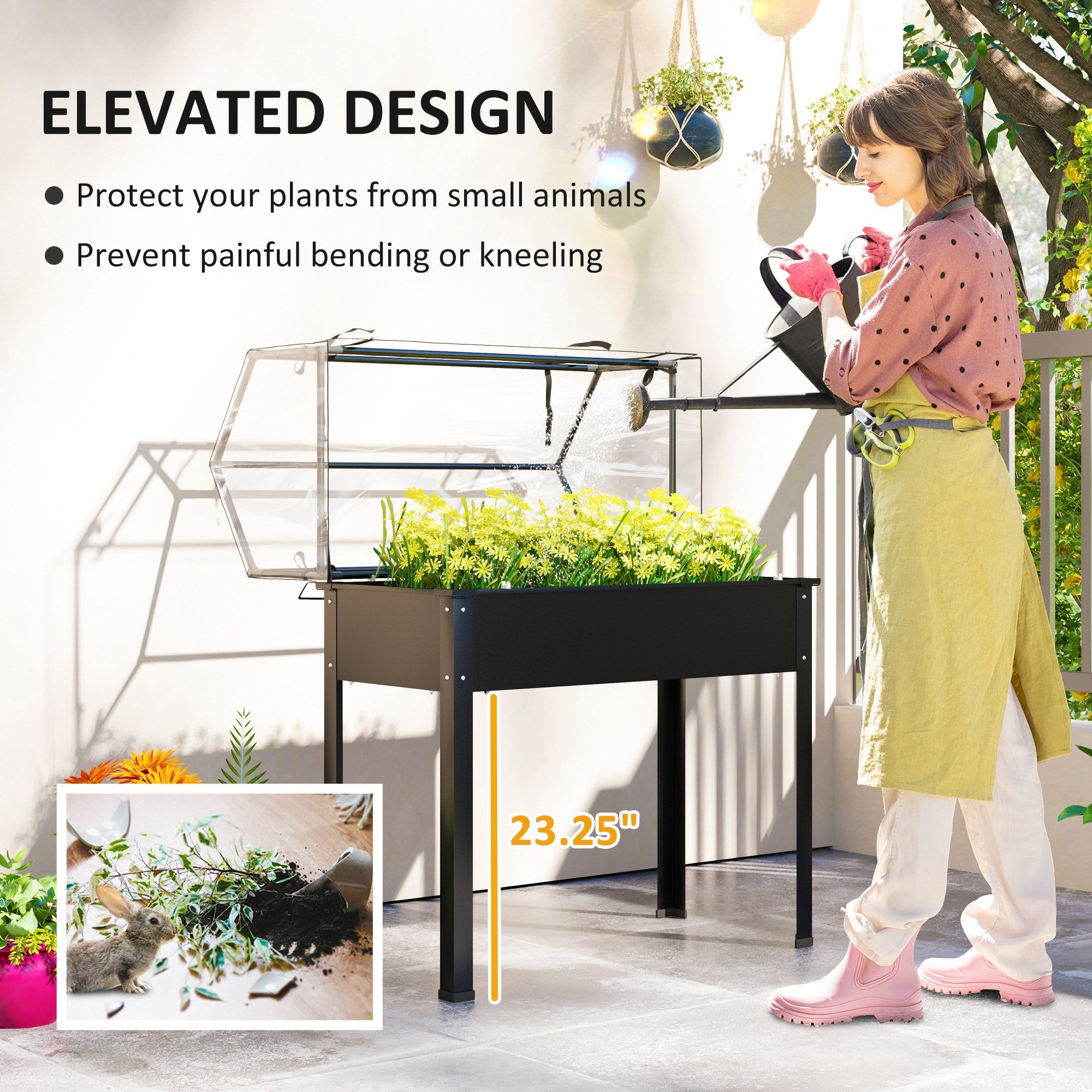 Elevated Garden Box with Greenhouse Cover, Raised Garden Bed with Legs and Drainage Hole for Vegetables, Black