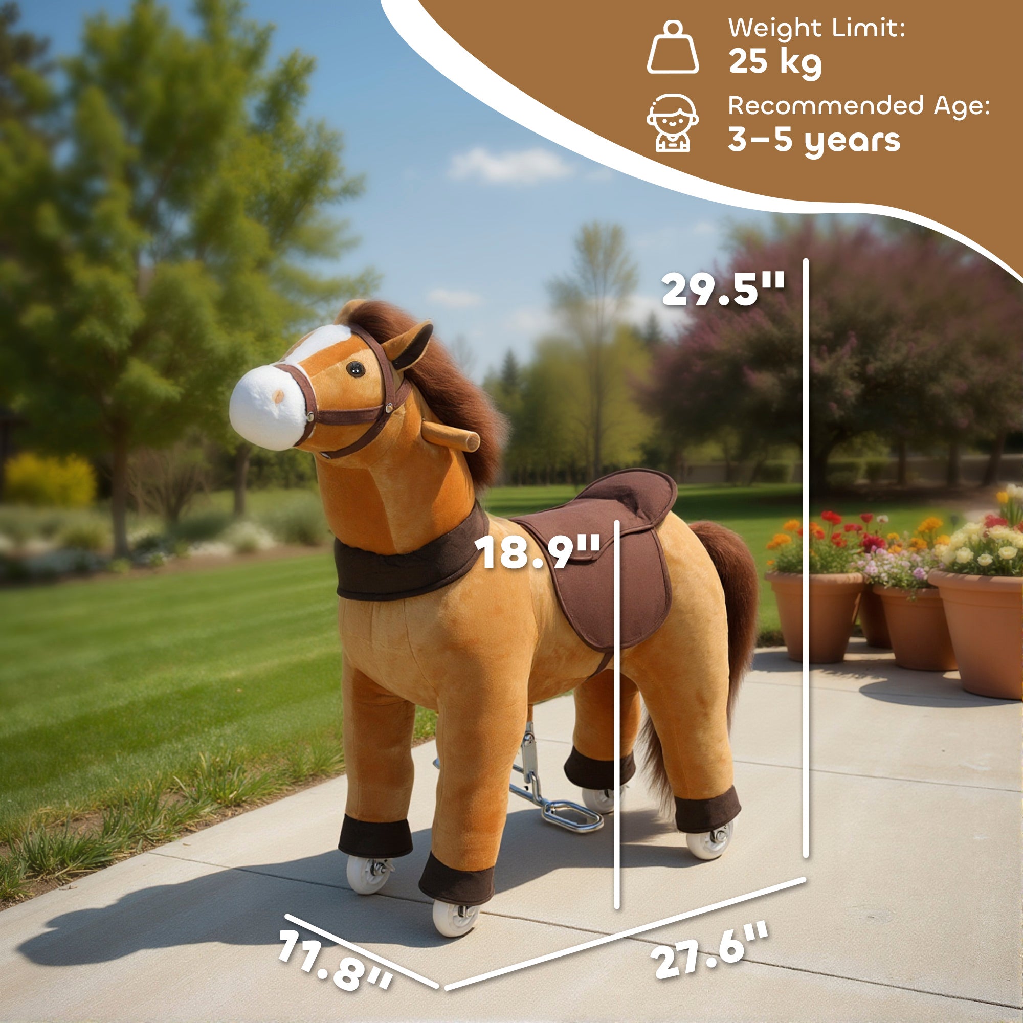Ride on Horse, Plush Riding Pony for Ages 3-5, Walking Horse Animal with Wheels for Active Play, Dark Brown