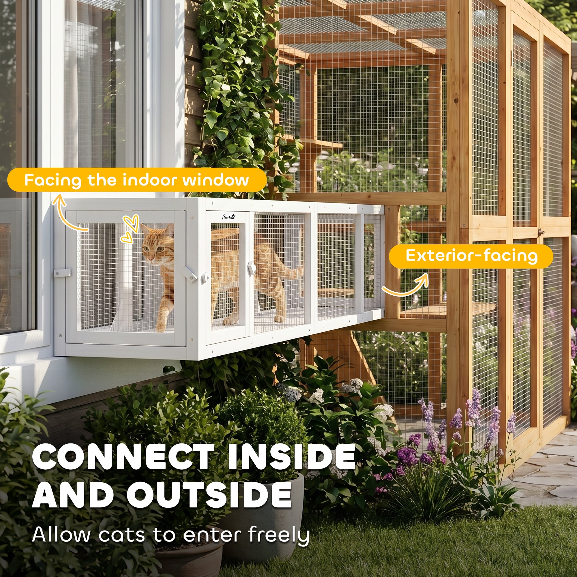 Wooden Cat Run with Weather Protection, Connecting Inside and Outside, 79"L x 15"W x 15"H, White