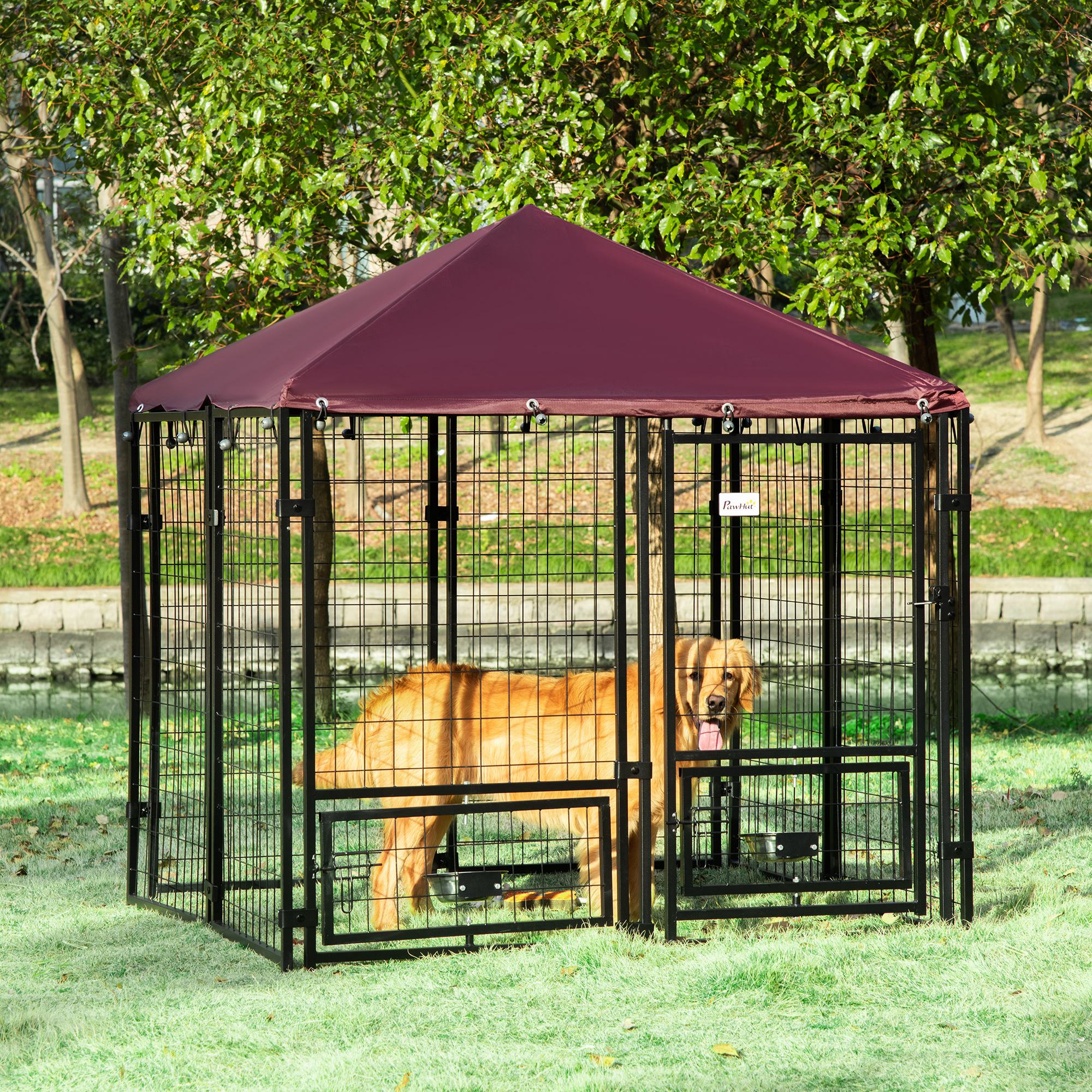 Outdoor Dog Kennel with Rotating Bowl Holders, Pet Playpen with Waterproof Cover, 4.6' x 4.6' x 5', Red