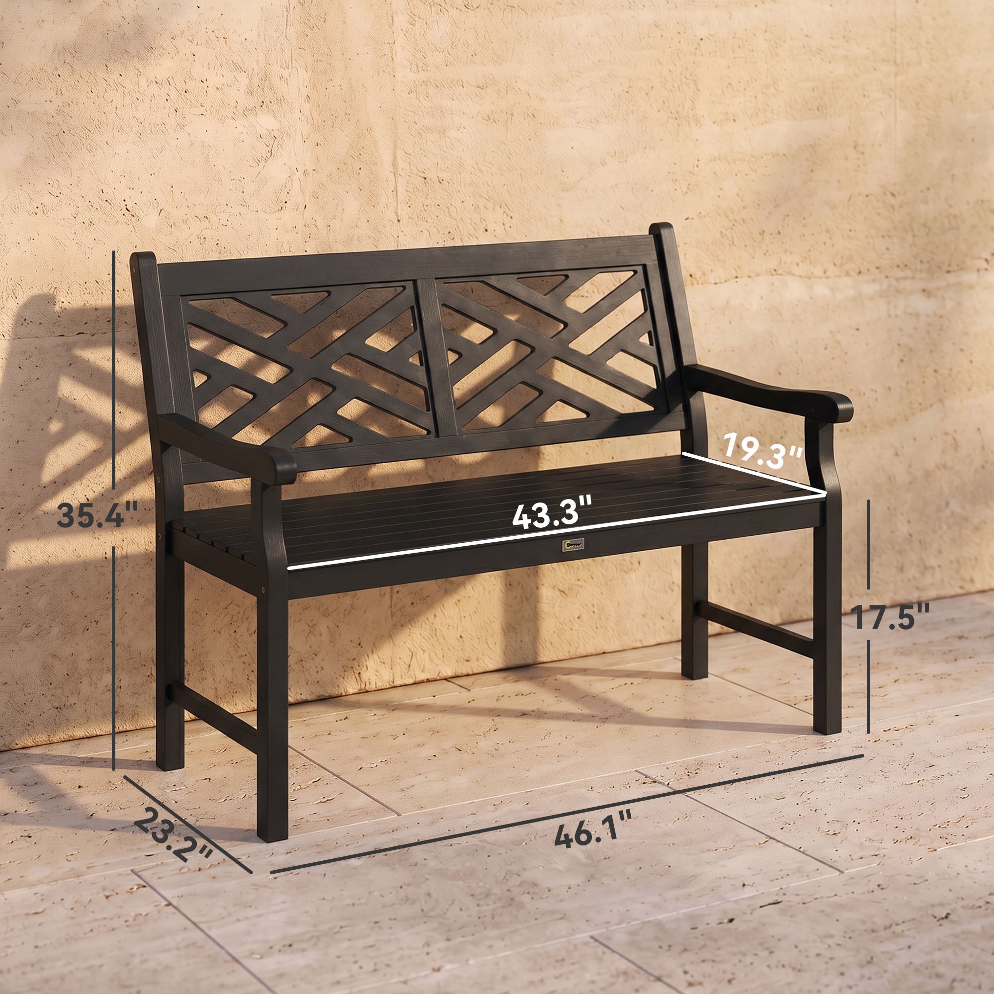 Outdoor Garden Bench, Wooden Frame Patio Bench with Geometric Pattern, 43.25 Inch Weatherproof 2-Person Love Seat for Garden, Lawn, Porch, Yard, Work Entryway, Black