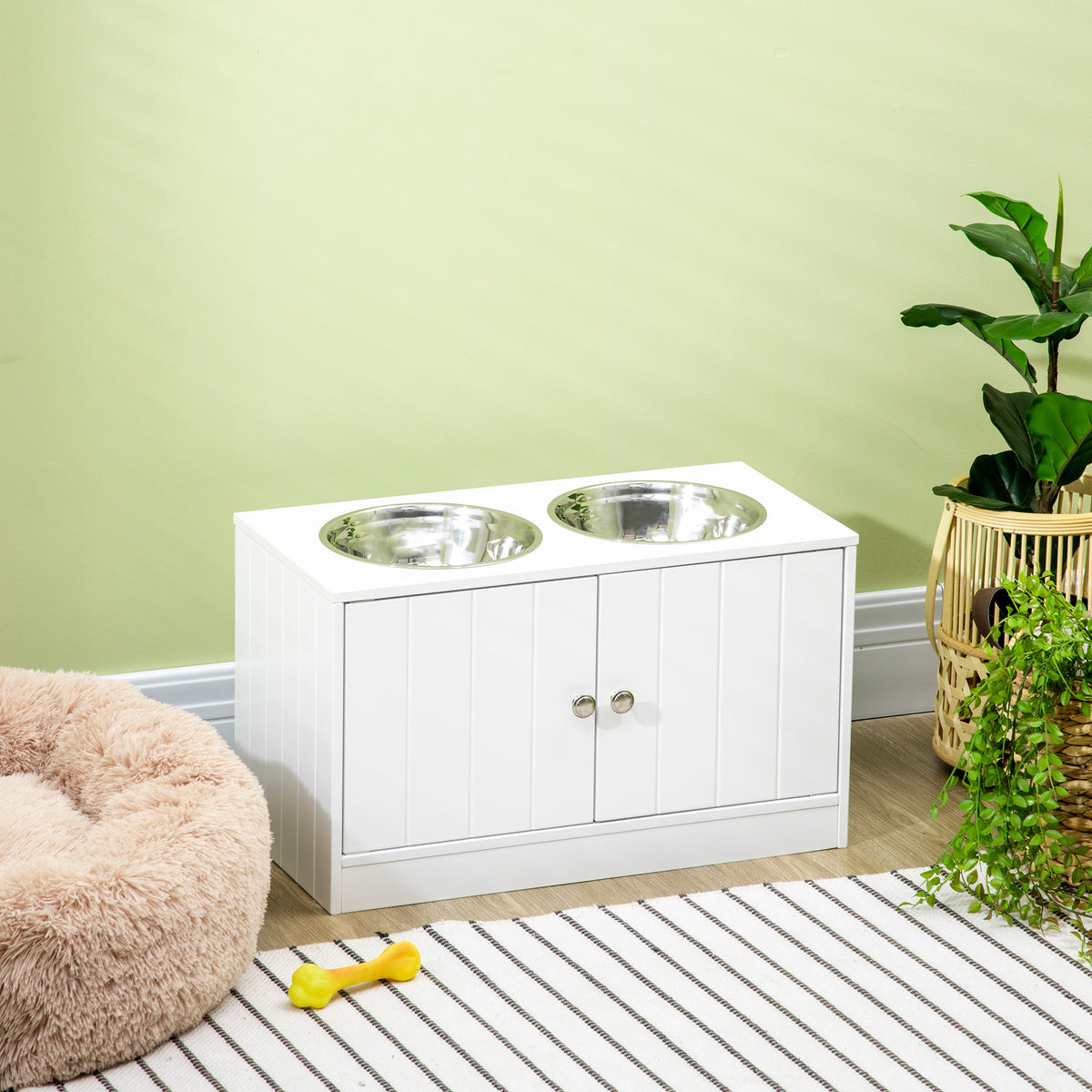 Large Elevated Dog Bowls with Storage Cabinet Containing Large 44L Capacity, Raised Dog Bowl Stand Pet Food Bowl Pet Feeding Station, White