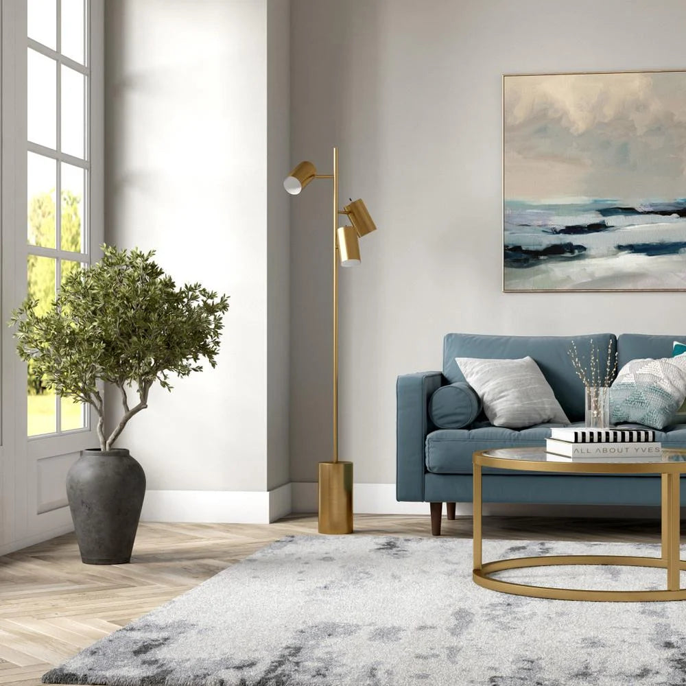 Elegant Brassed Floor Lamp with Triple Spot Design, Rotary Switch, Sleek Metal Block Base, Ideal for Home Decor, 6" L x 18" W x 63" H, Gold