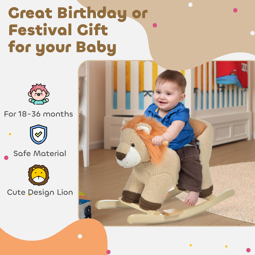 Baby Rocking Horse Lion with Sound, Plush Stuffed Rocking Animals, Wooden Rocking Horse with Seat Belt for 18-36 Months Boys and Girls Gift, Brown
