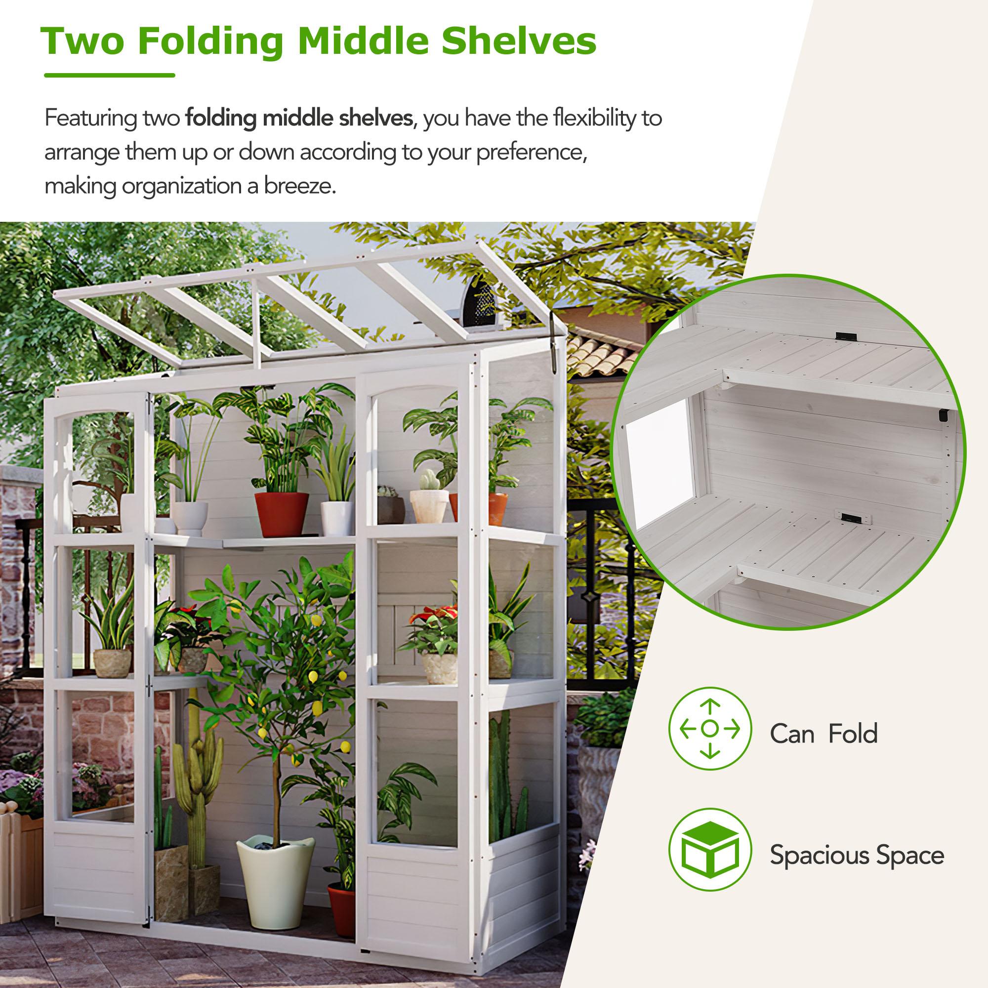 Walk-In Greenhouse with 4 Skylight & 2 Folding Shelf, Wood Cold Frame with Polycarbonate Panel for Garden, 58'' L x 29'' W x 78'' H, White