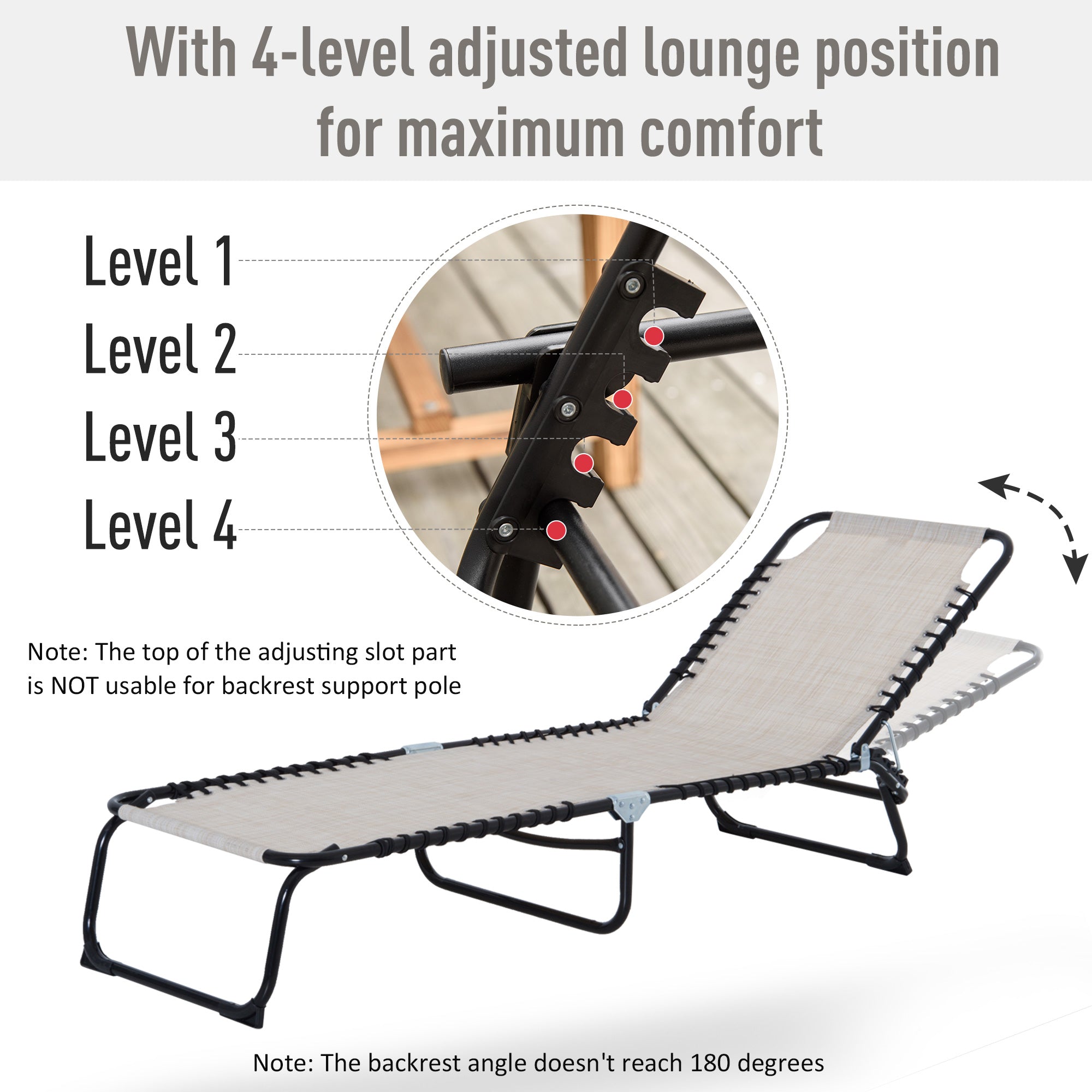 Foldable Chaise Lounge, 3-Position Reclining Back, Portable design and Breathable Mesh for Poolside, Camping, Hiking - Cream White