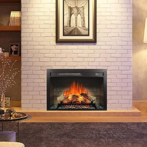 28" Electric Fireplace Insert with Multicolored Flames, Adjustable Brightness, and Remote Control, Antique Black