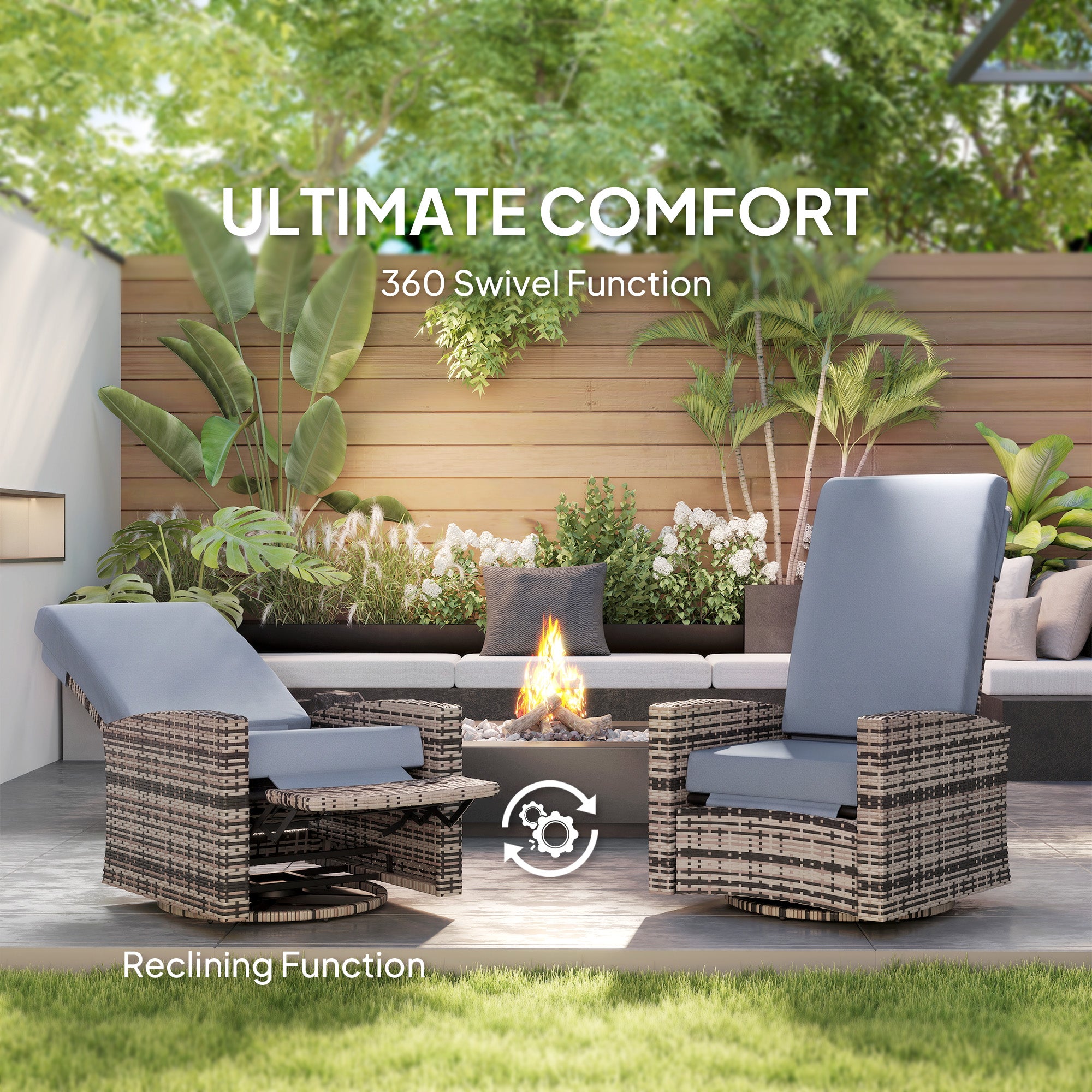 Outdoor Wicker Swivel Recliner Chair, Lifting Footrest, 360° Rotating Basic, Water-resistant Cushions, Gray