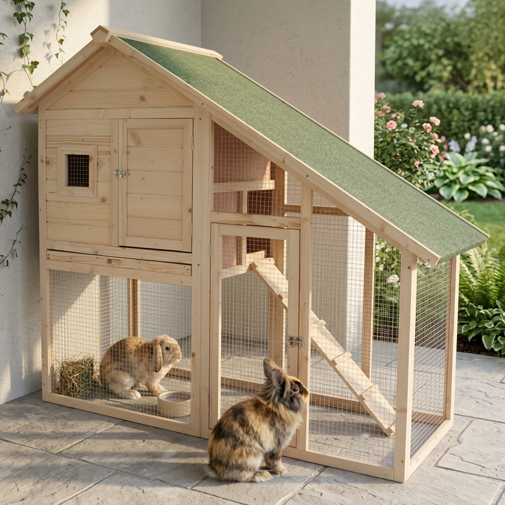 55" L 2-Tier Wooden Rabbit Hutch Bunny Cage