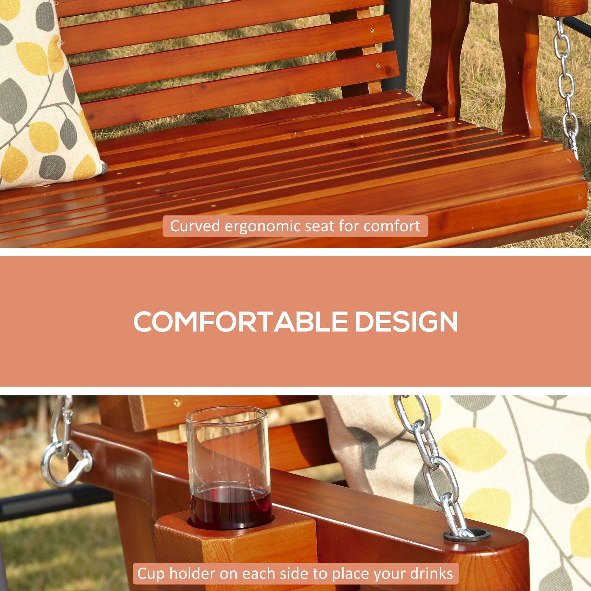 Porch Swing with Chains and Cupholders, 2 Person Wooden Patio Swing Chair, 440 lbs. Weight Capacity, for Garden, Poolside, Backyard, Brown
