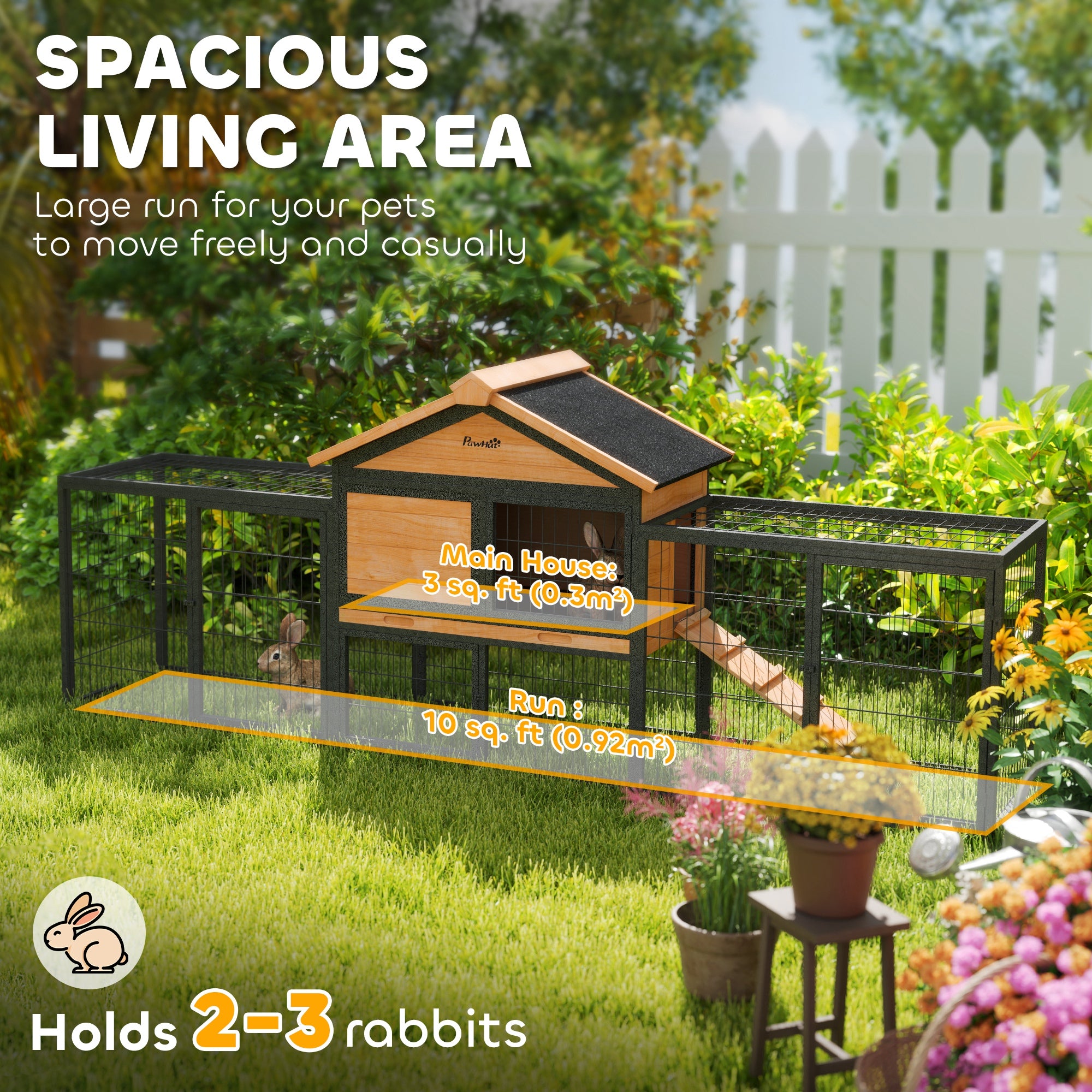 Wooden Rabbit Hutch Outdoor, 85" Large Bunny Cage with Steel Run, Removable Plastic Tray, Asphalt Roof, Ramp