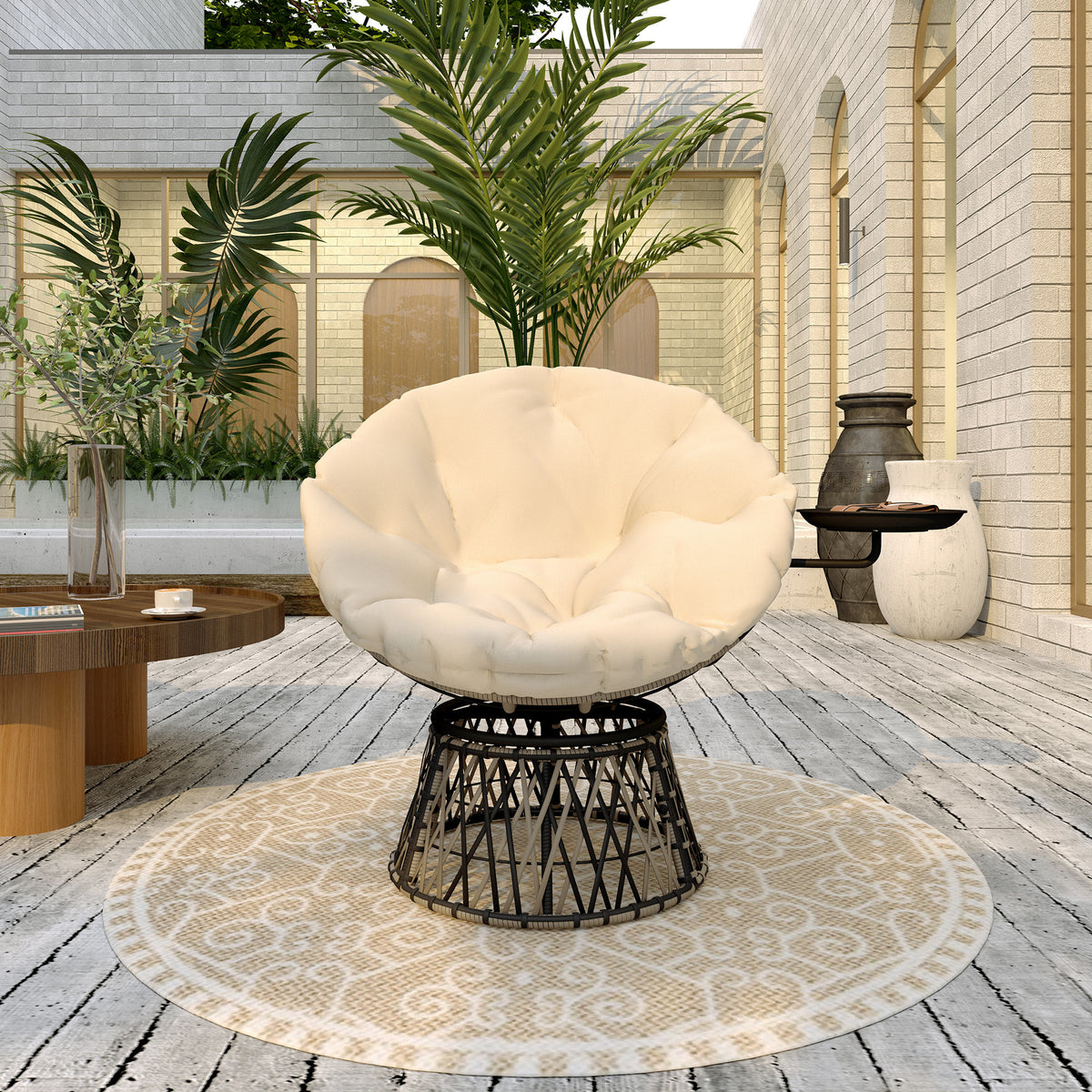 360° Swivel Outdoor Papasan Chair, 39" Overstuffed Circle Chair with Side Tray, Thick Cushion for Indoor Patio, Beige