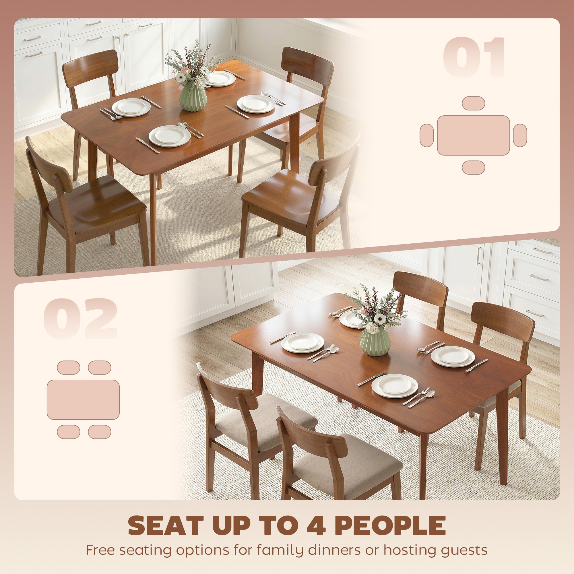 47.2" Rectangle Dining Table for 4, Mid-Century Modern Kitchen Table with Rubber Wood Legs for Dining Room, Walnut