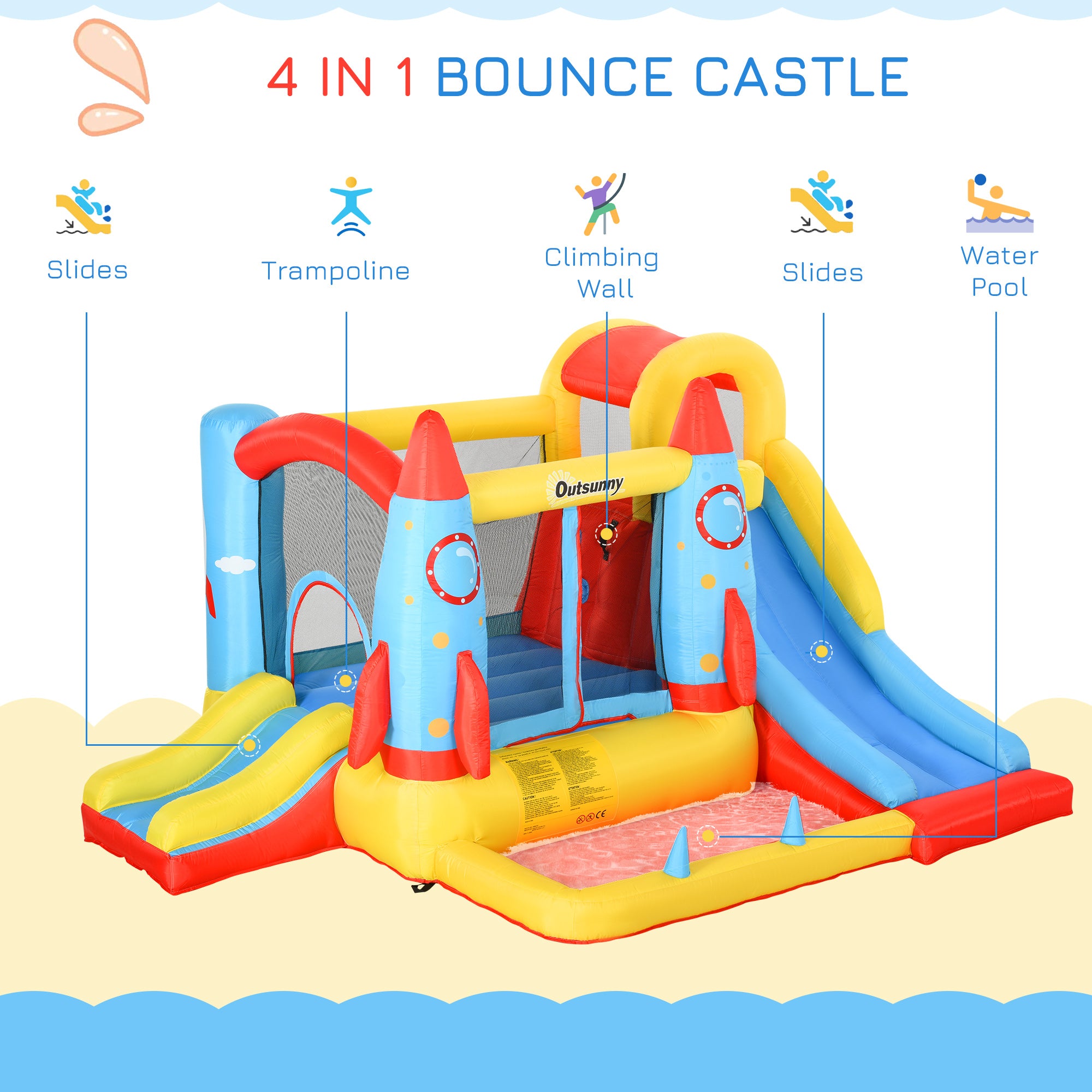 Kids Bounce House, 4-in-1 Rocket Inflatable Water Slide Jumping Castle with 2 Slides, Climbing Wall, Trampoline, & Water Pool Area, Air Blower