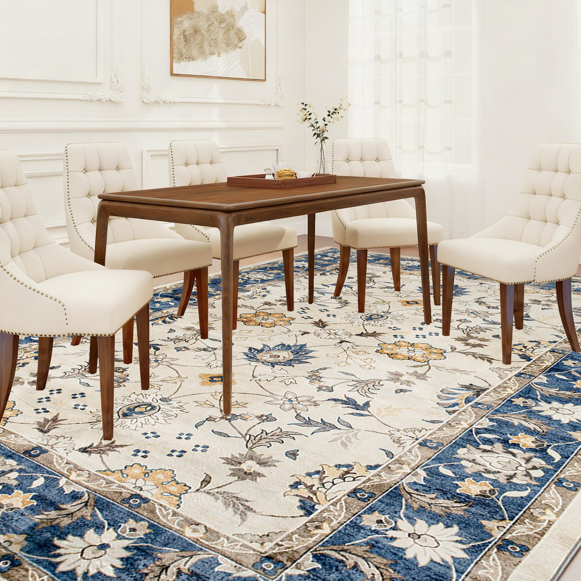 Machine Washable Area Rug 4x6, Non-Slip Boho Floral Print Floor Carpet for Living Room, Bedroom, Dining Room, Blue