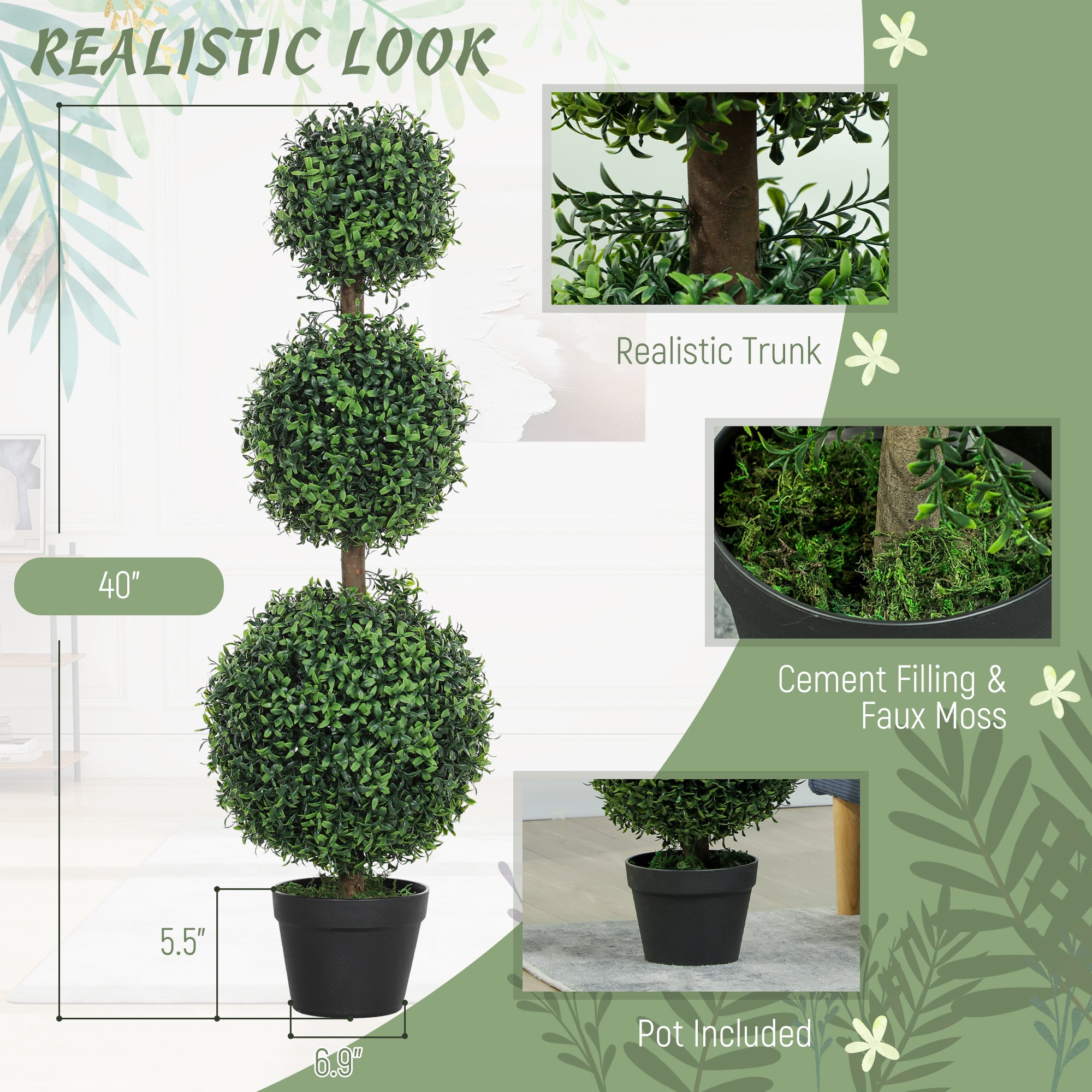 Set of 2 Artificial Ball Boxwood Topiary Trees, Fake Plants in Pot for Indoor Outdoor Living Room Green