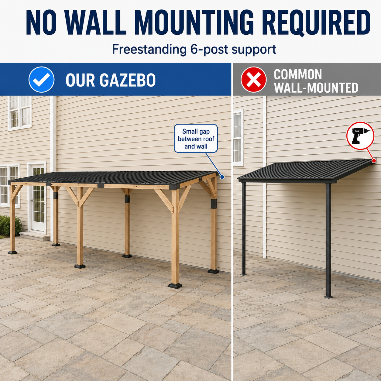 10' x 20' Wooden Gazebo, Hardtop Lean-to Gazebo Pergola with Galvanized Steel Sloped Roof, Light Walnut