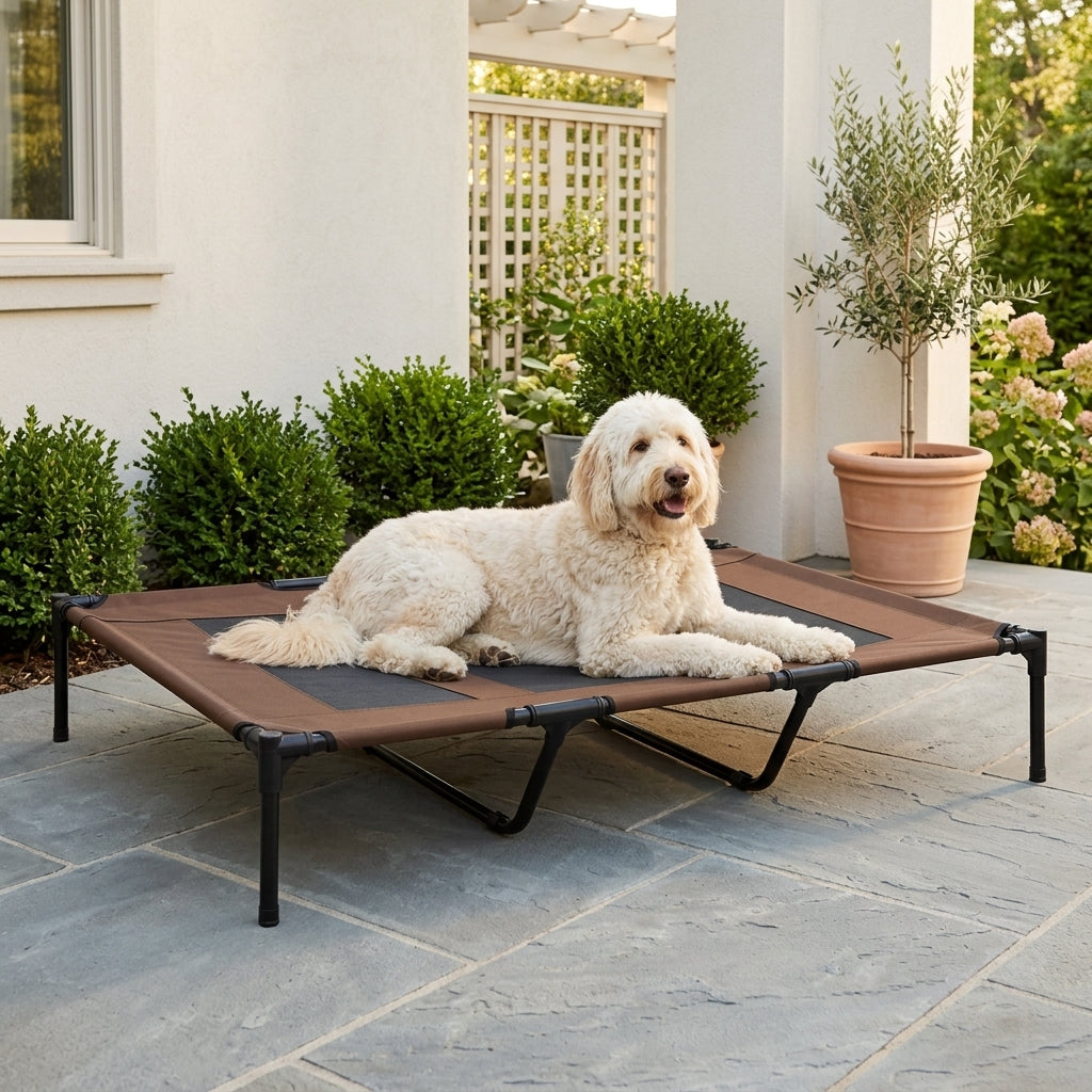 XL Elevated Dog Bed, Outdoor Raised Dog Bed, Portable Pet Cot w/Carry Bag Metal Frame Breathable Mesh Indoor and Outdoor Tan