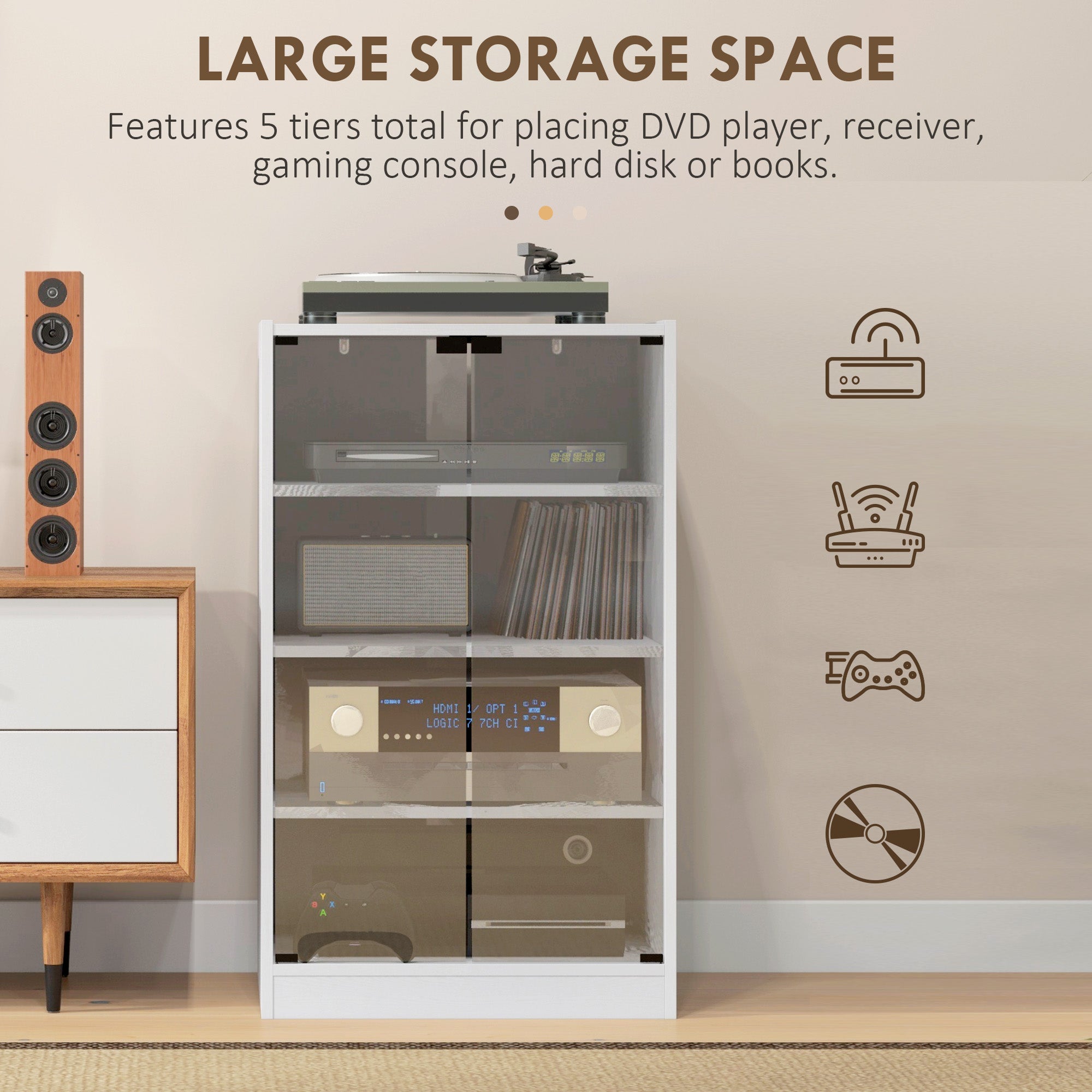 4-Tier Media Cabinet, Media Stand with Adjustable Shelves, Tempered Glass Doors, and Cable Management, Distressed White