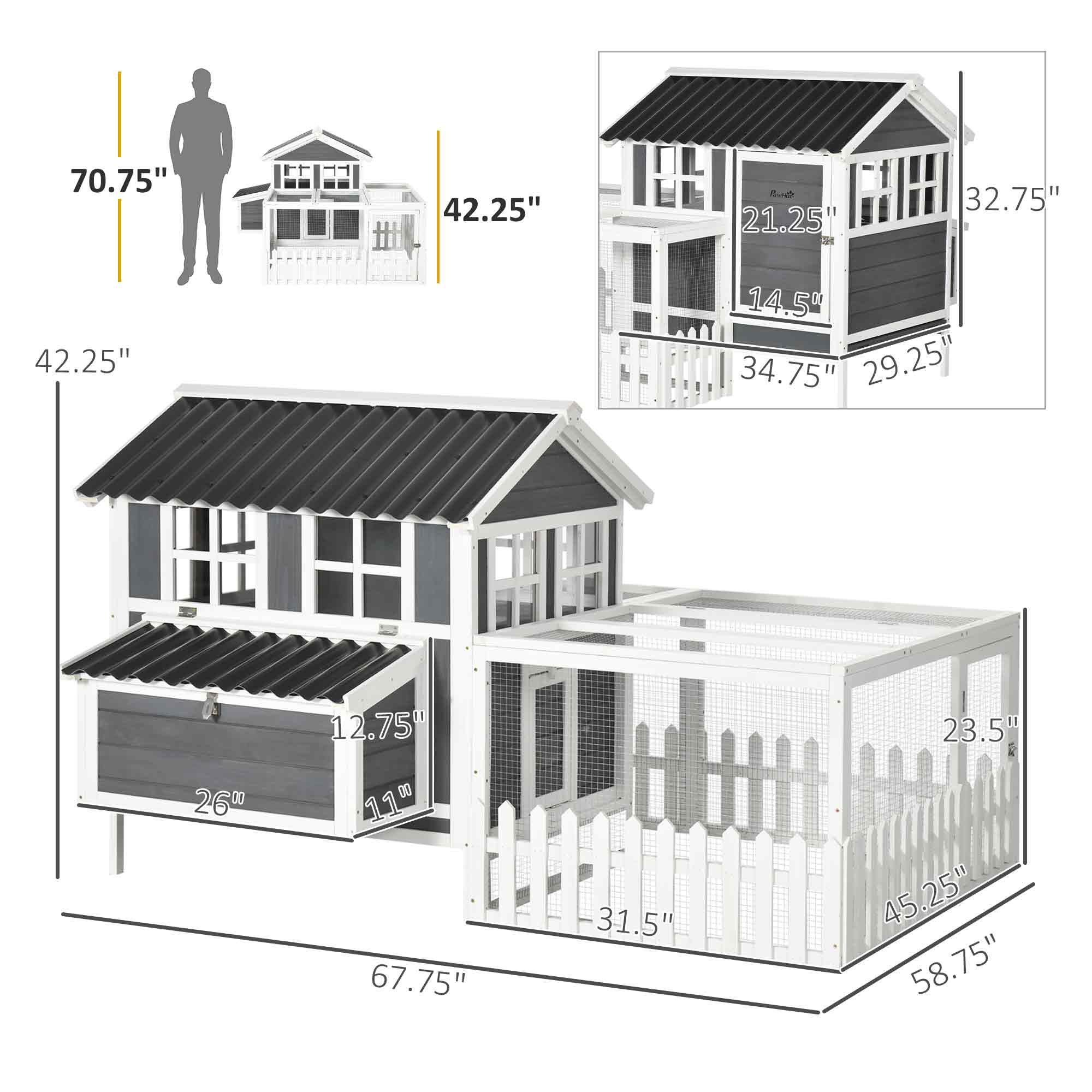 Wooden Chicken Coop with Run for 1-2 Chickens, 68" x 59" x 42"