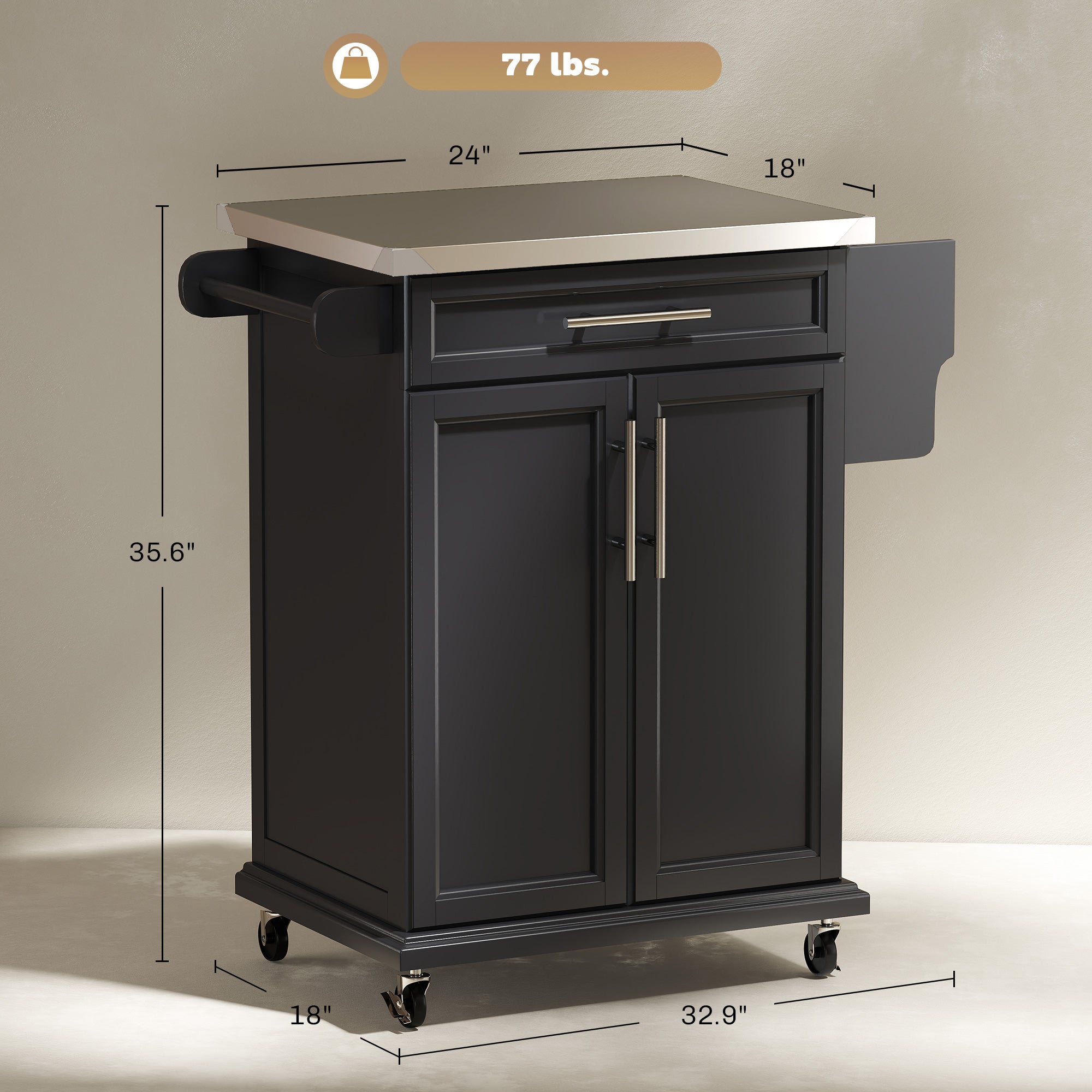 Kitchen Island on Wheels, Rolling Kitchen Cart with Stainless Steel Countertop, Drawer, Towel Rack and Spice Rack, Utility Storage Trolley, Black