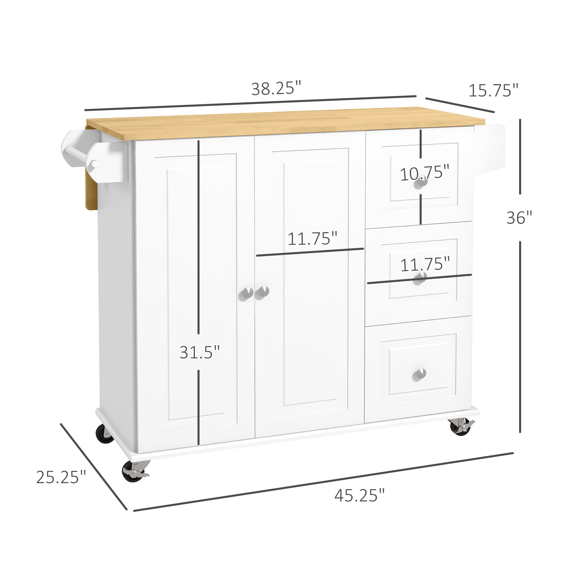 Kitchen Island with Drop Leaf, Rolling Kitchen Cart on Wheels with 3 Drawers, Cabinet, Natural Wood Top, Spice Rack and Towel Rack, White