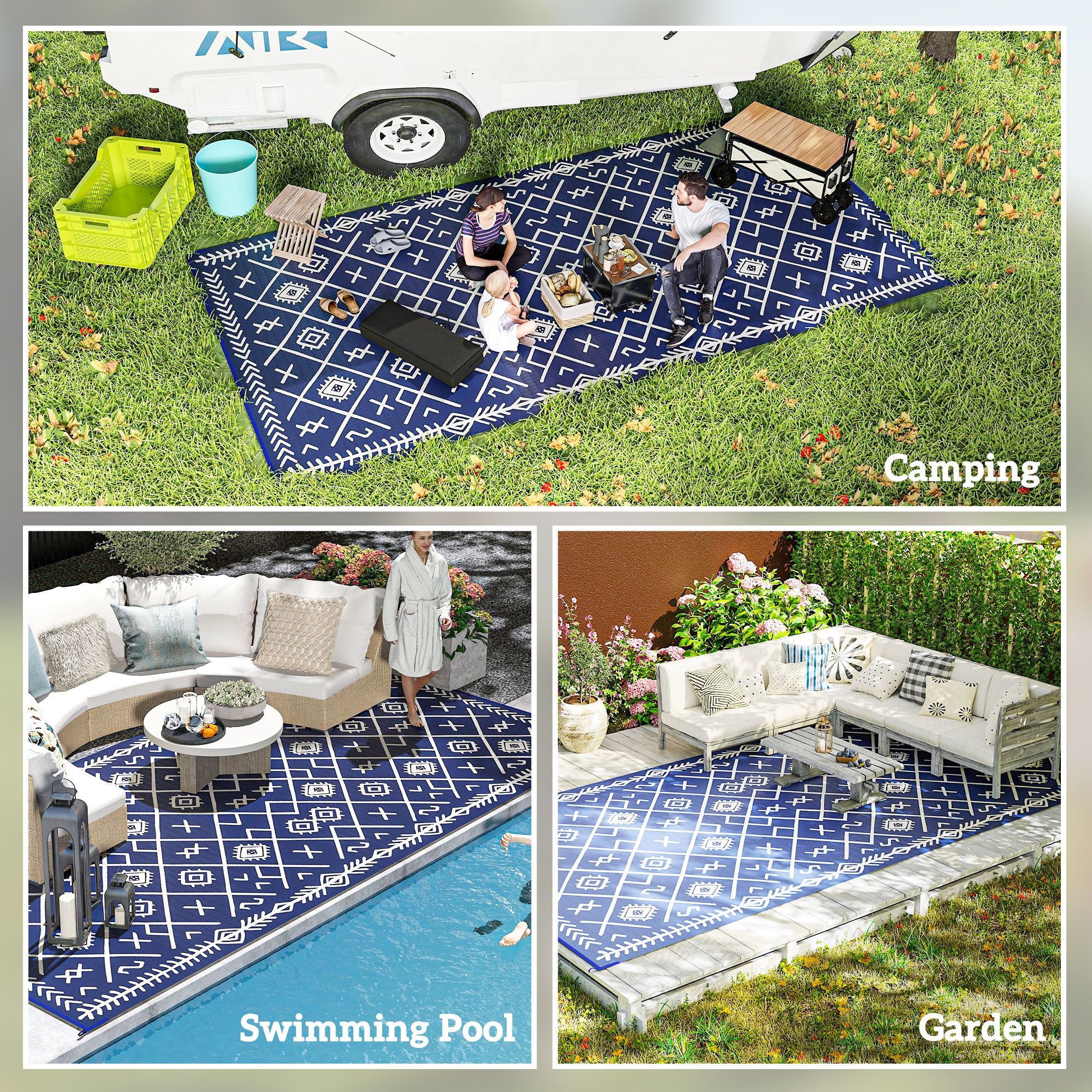 Reversible Outdoor Rug, Waterproof Plastic Straw with Carry Bag, 9' x 18', Blue & White Rhombus