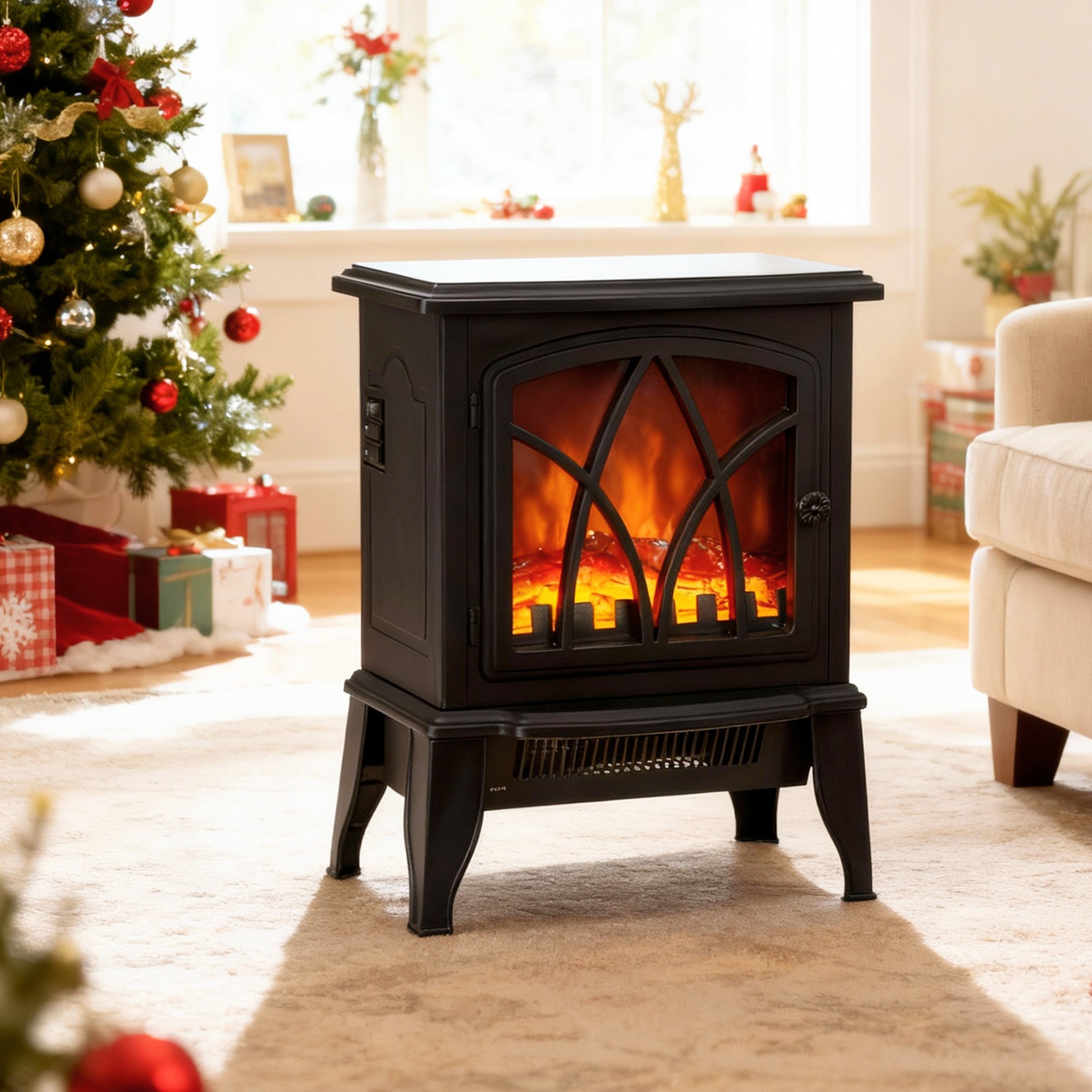 Electric Fireplace Heater, Freestanding Fireplace Stove with Realistic Flames Overheating Protection 750W/1500W, Black