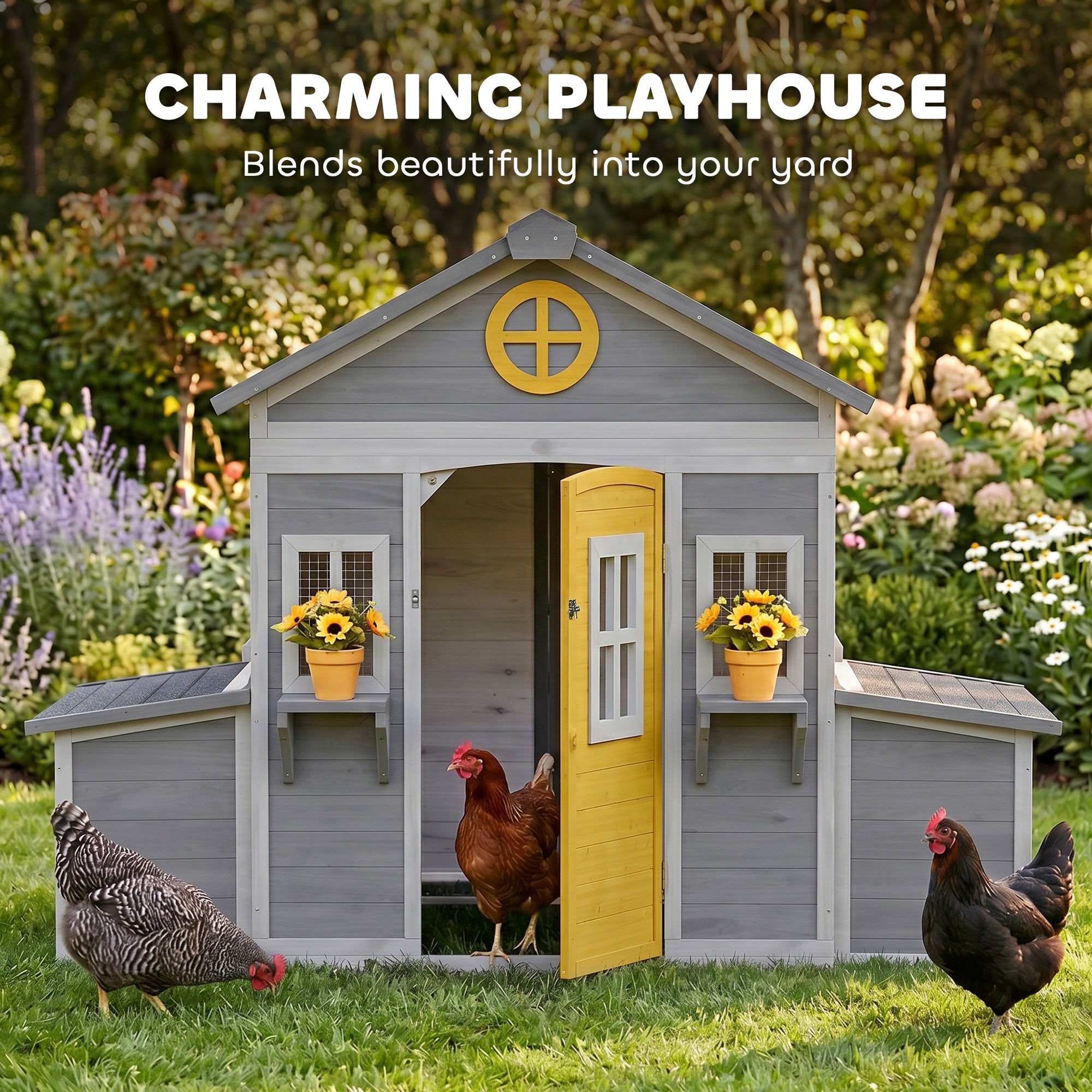 Wooden Chicken Coop, Hen House for 2-4 Hens, Outdoor Playhouse Poultry Cage with Nesting Boxes, Waterproof Roof, Windows