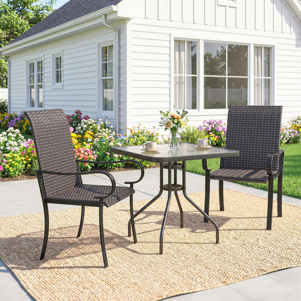 Set of 2 Outdoor Wicker Dining Chairs with Armrest, Steel Frame, High Back and Deep Seating, Brown