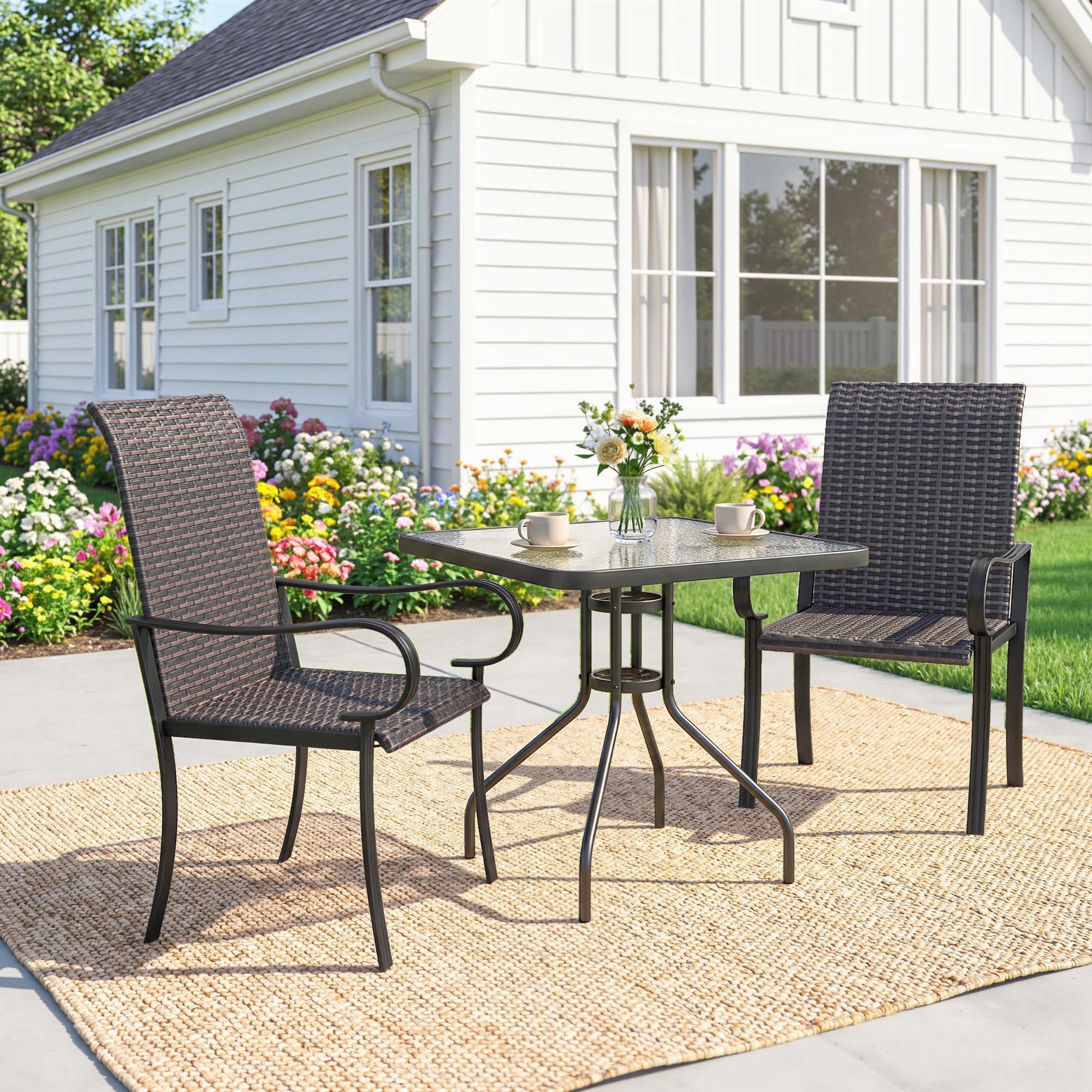 Set of 2 Outdoor Wicker Dining Chairs with Armrest, Steel Frame, High Back and Deep Seating, Brown